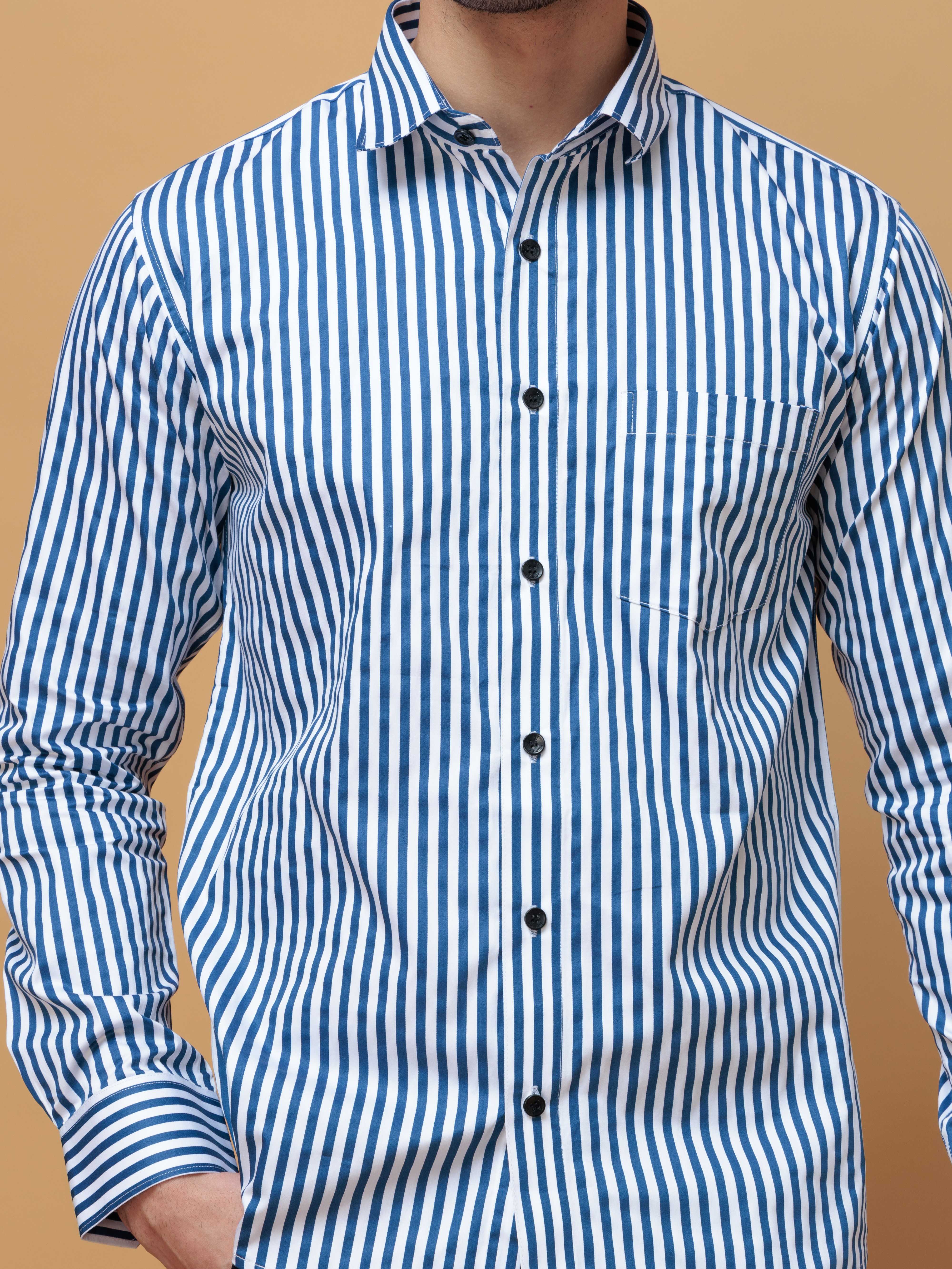BLUE STRIPED COTTON REGULAR FIT MEN'S CASUAL SHIRT FOR MEN'S