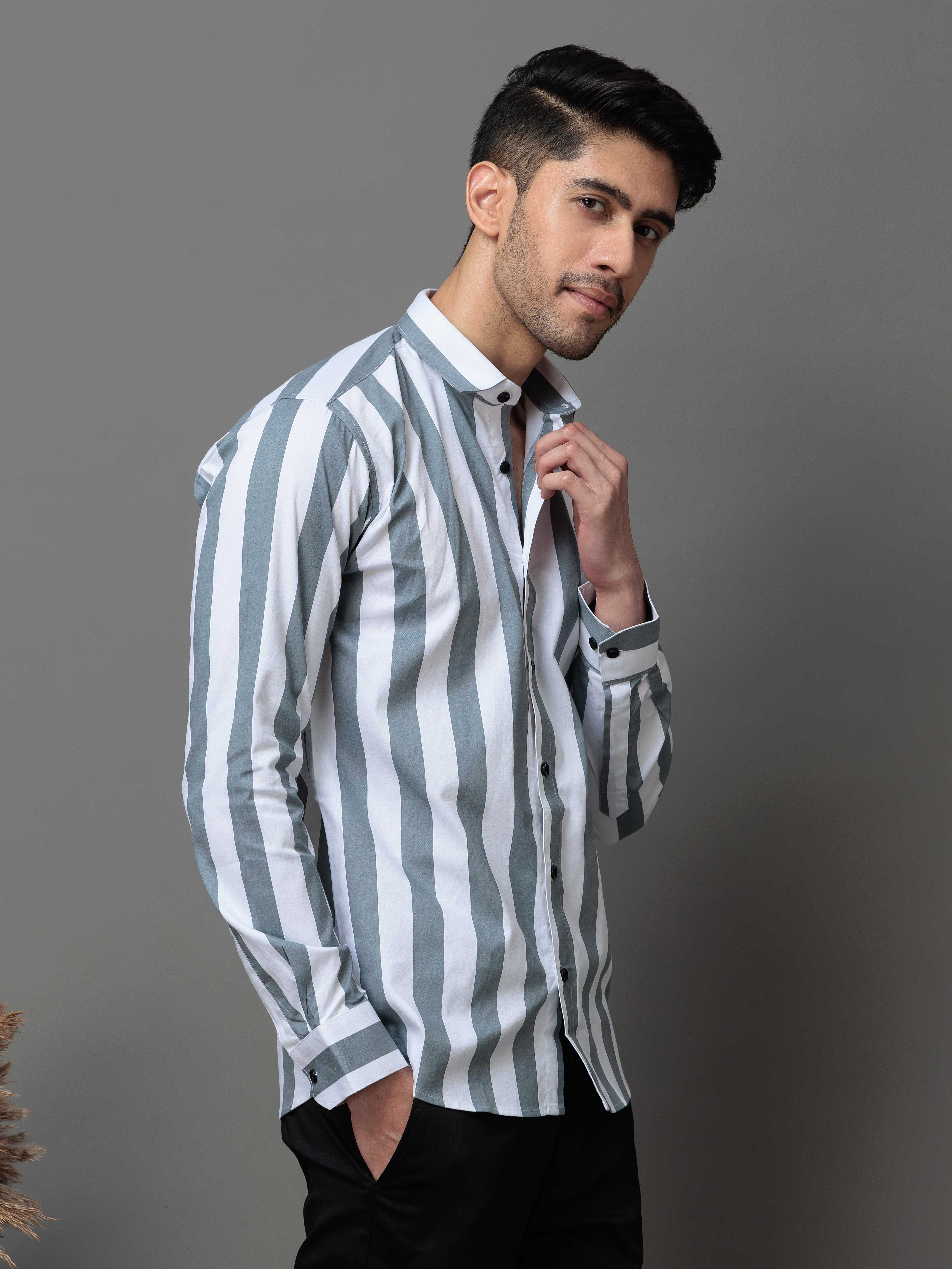 GREY STRIPED COTTON CASUAL SHIRT FOR MEN'S
