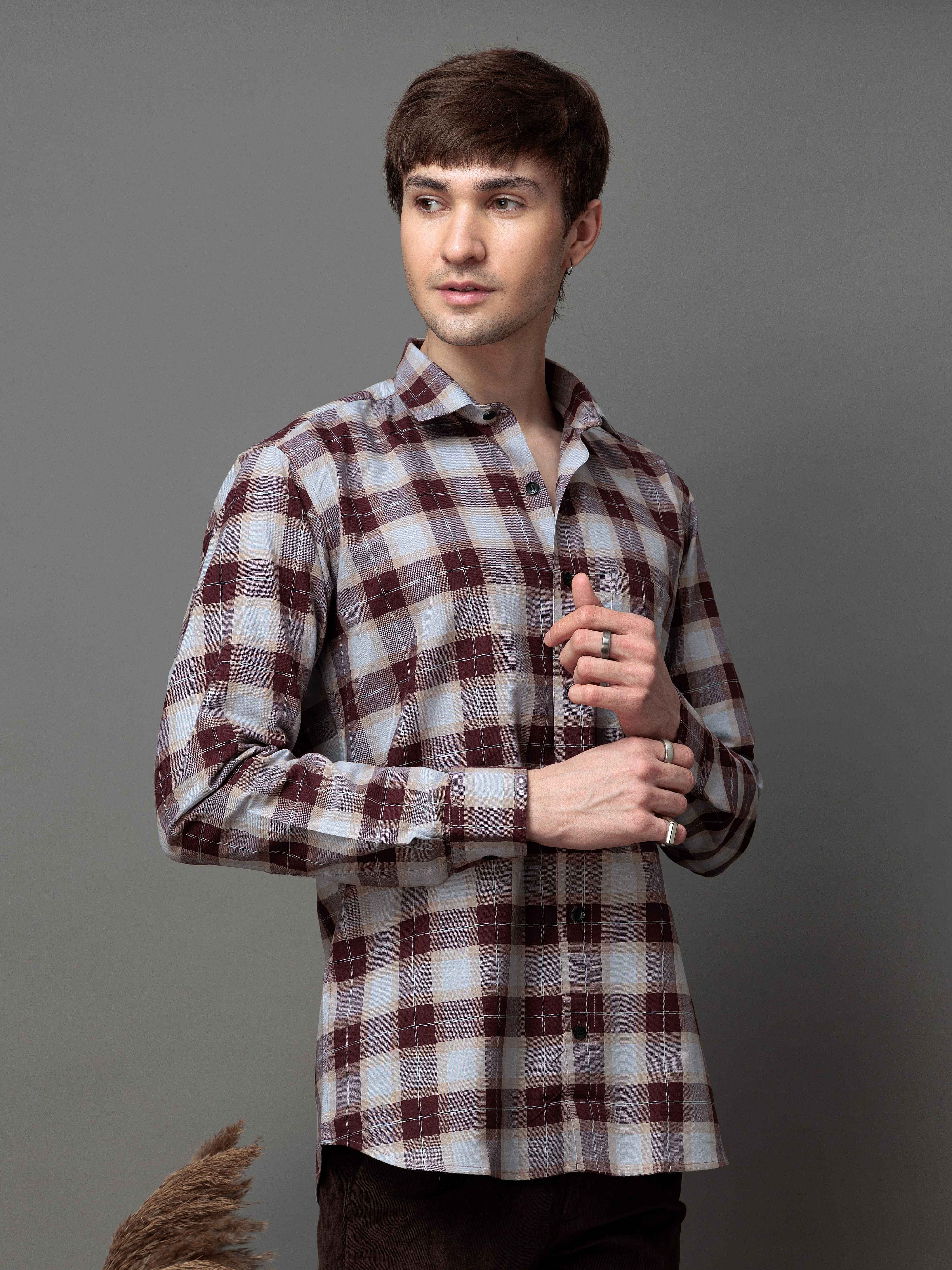 SQUARE WINE CHECKED COTTON CASUAL SHIRT FOR MEN'S