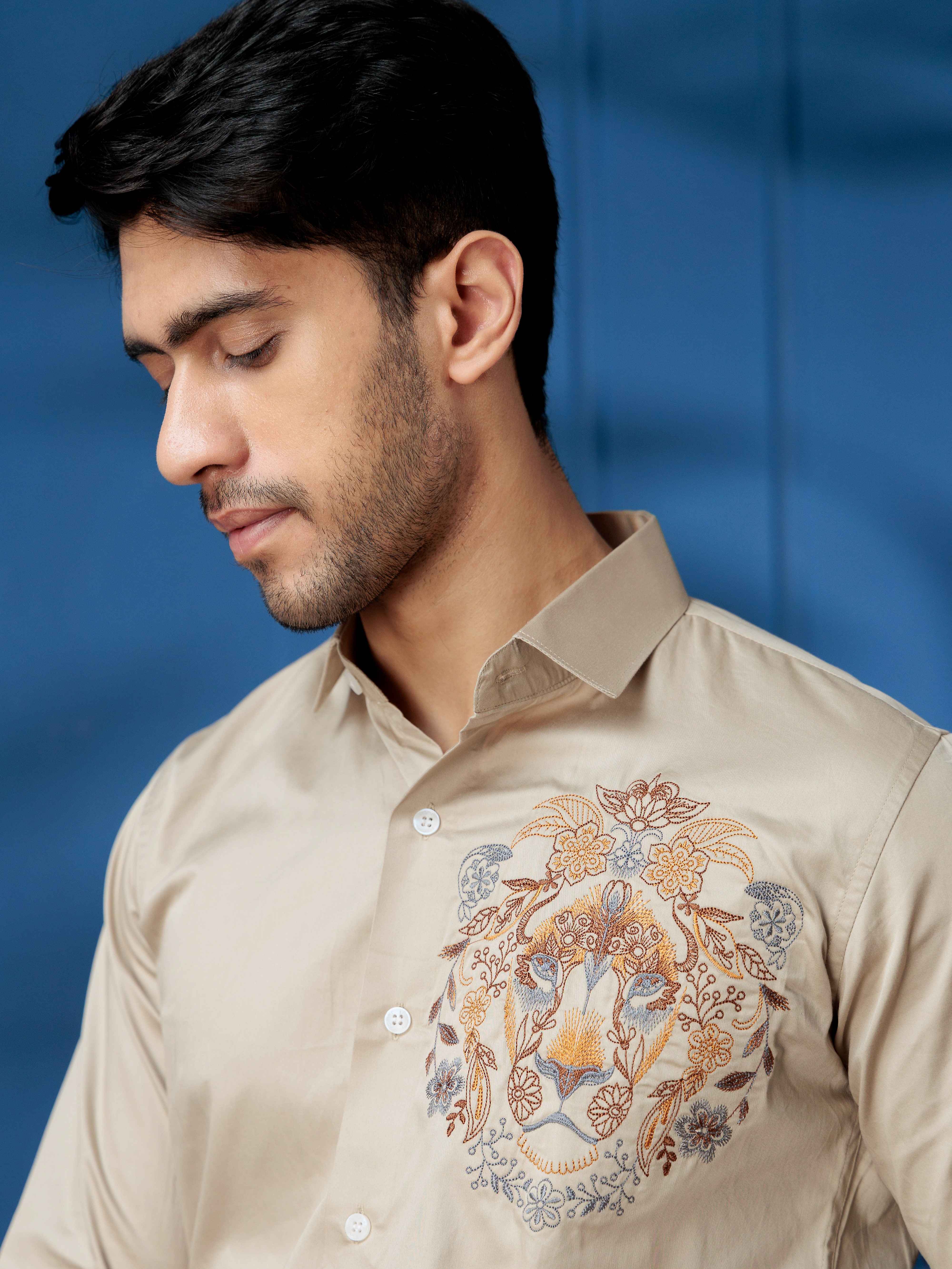 FOOMER CREAM LION EMBROIDERED CLUB WEAR SATIN COTTON SHIRT