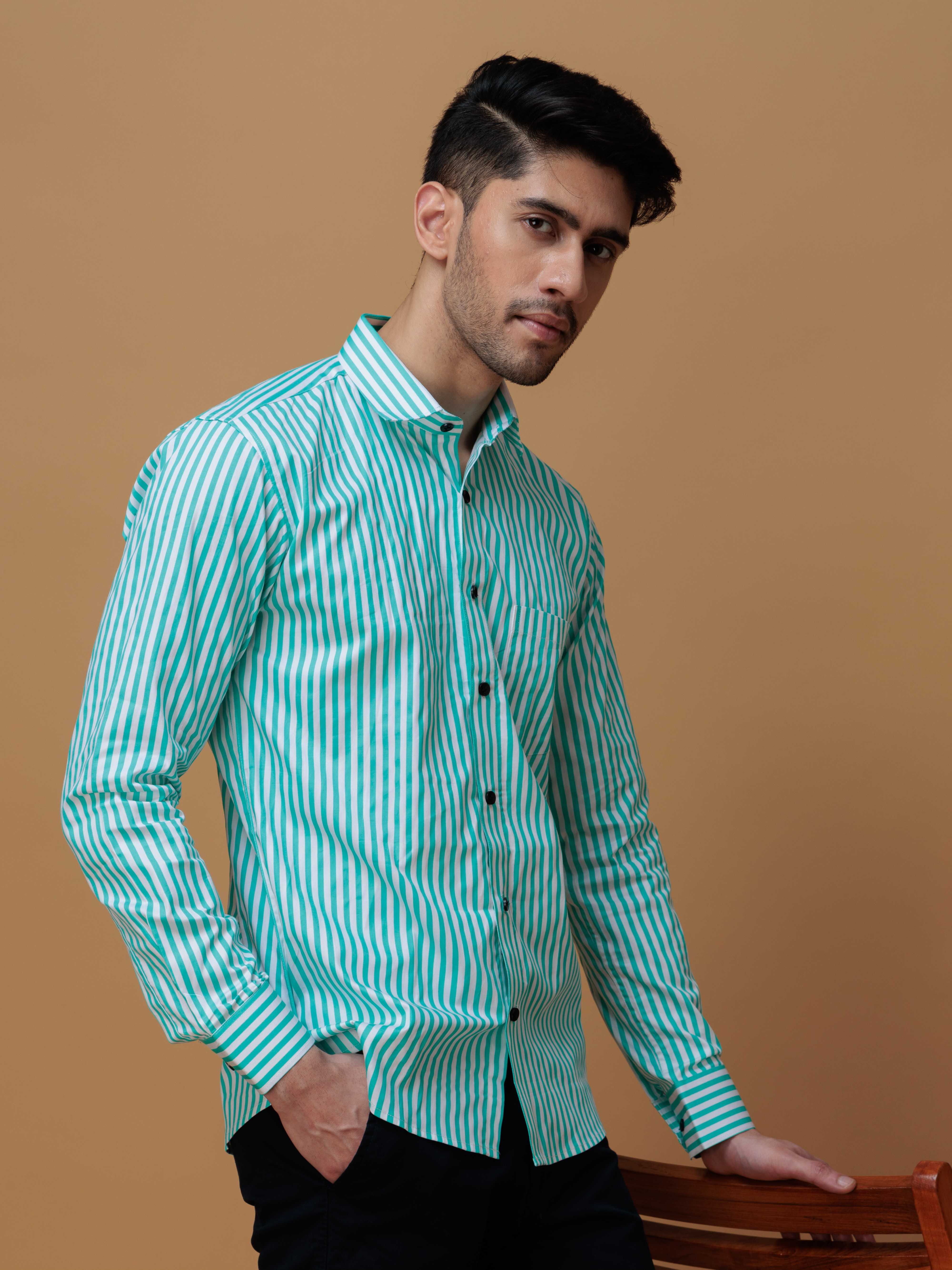 GREEN STRIPED COTTON REGULAR FIT MEN'S CASUAL SHIRT FOR MEN'S