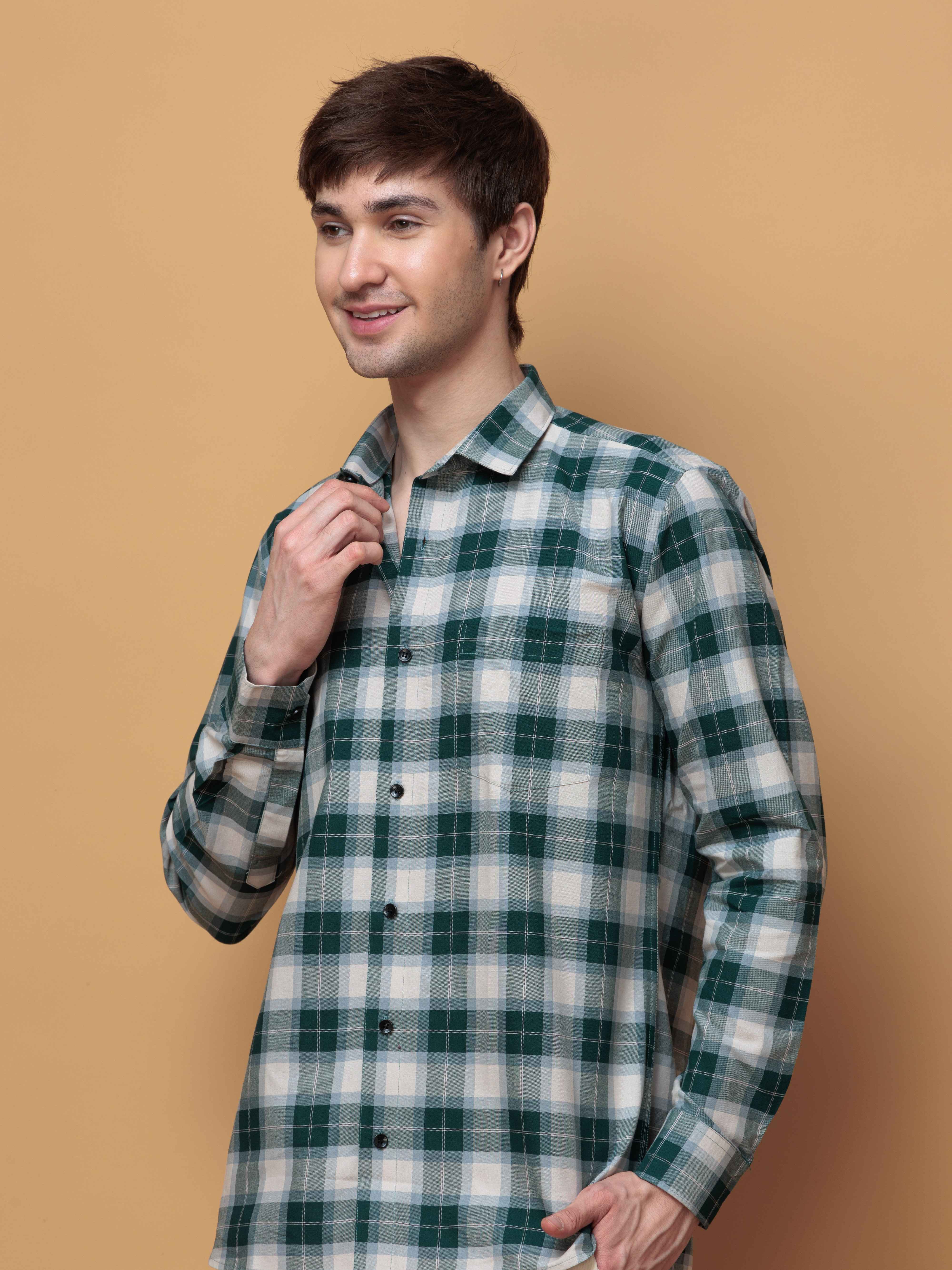 SQUARE GREEN CHECKED COTTON CASUAL SHIRT FOR MEN'S