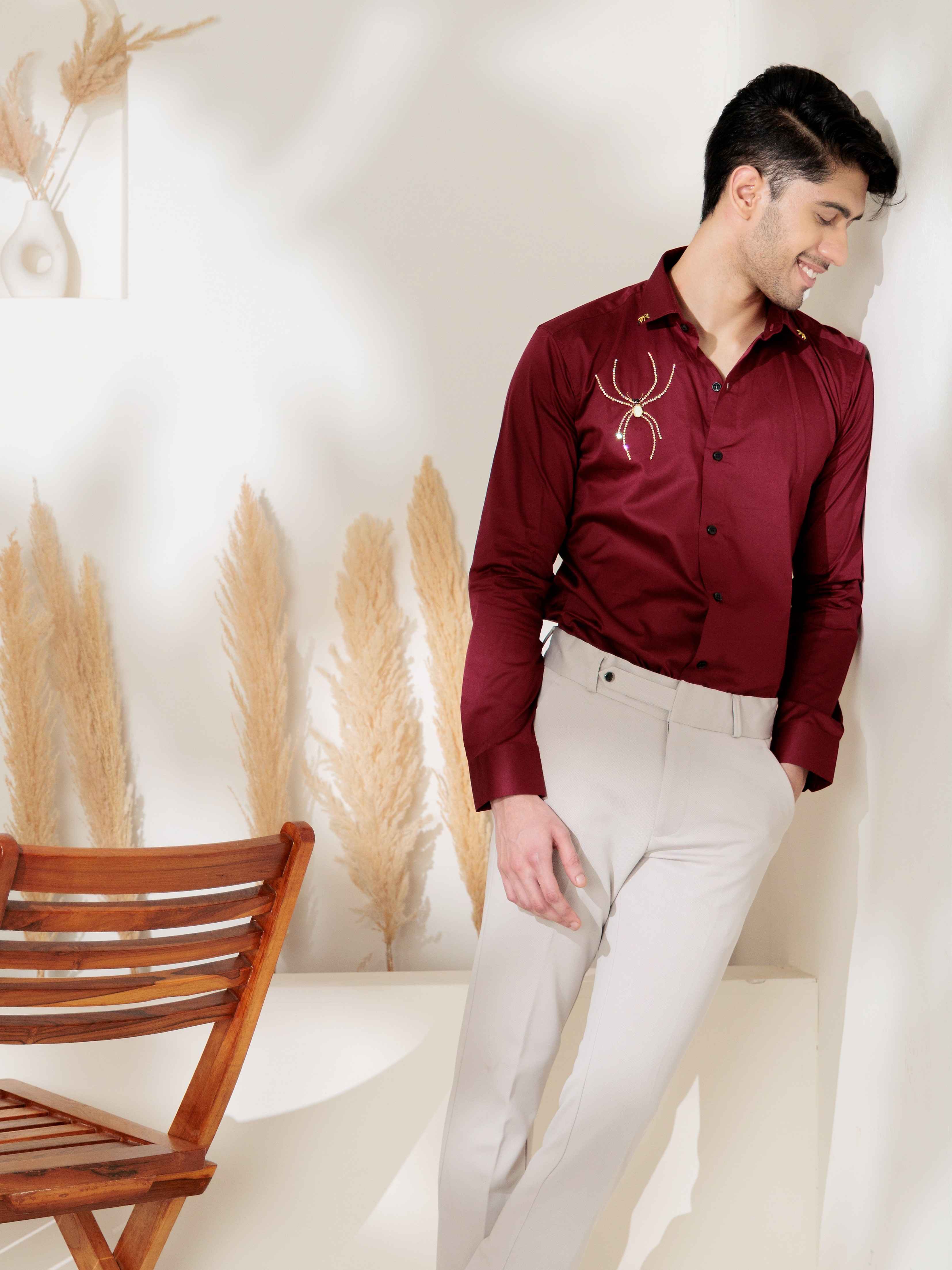FOOMER MAROON RHINESTONE HAND WORK SATIN COTTON PREMIUM SHIRT FOR MEN