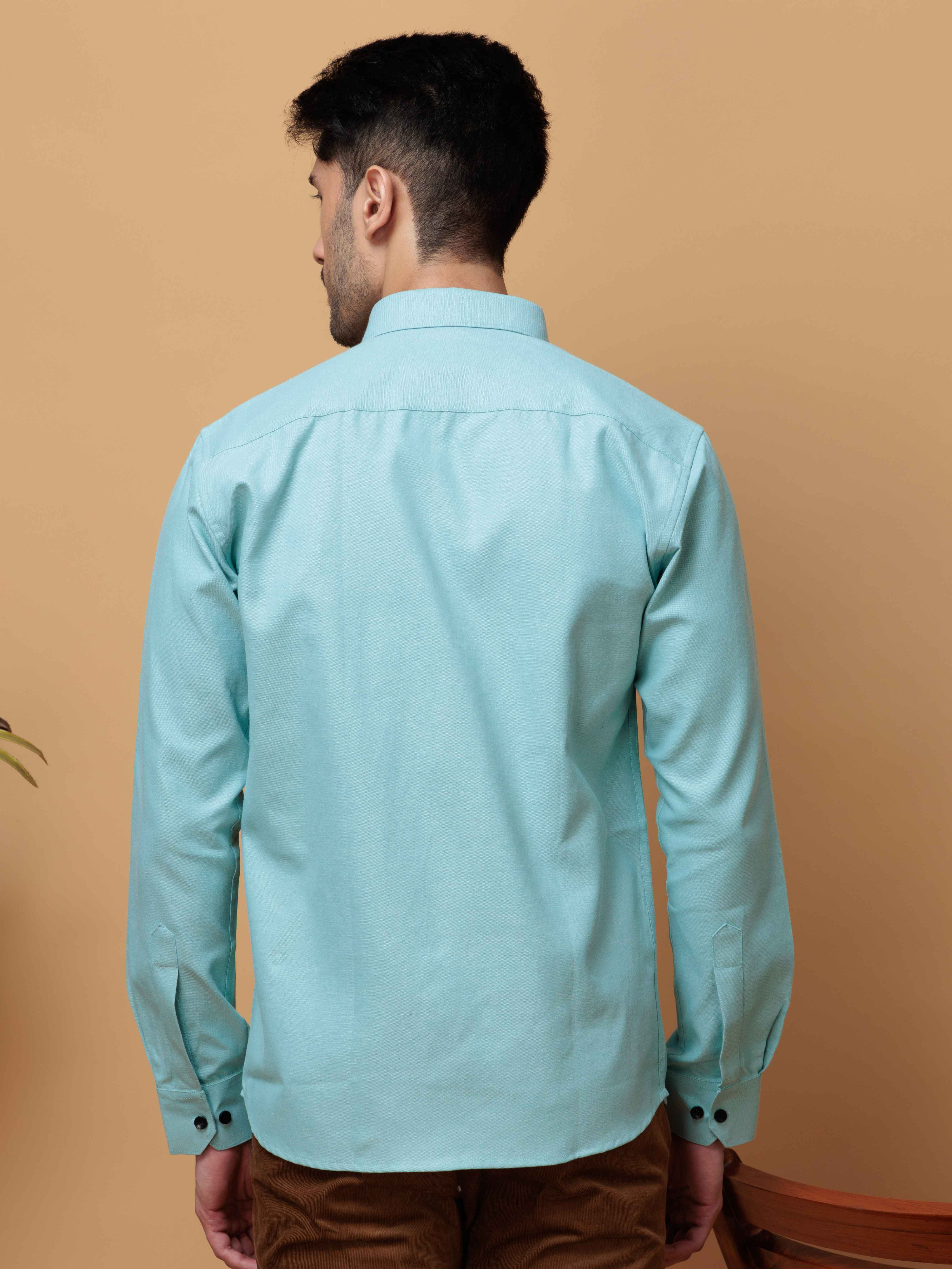 FORMAL CYAN PLAIN OXFORD COTTON CASUAL SHIRT FOR MEN'S