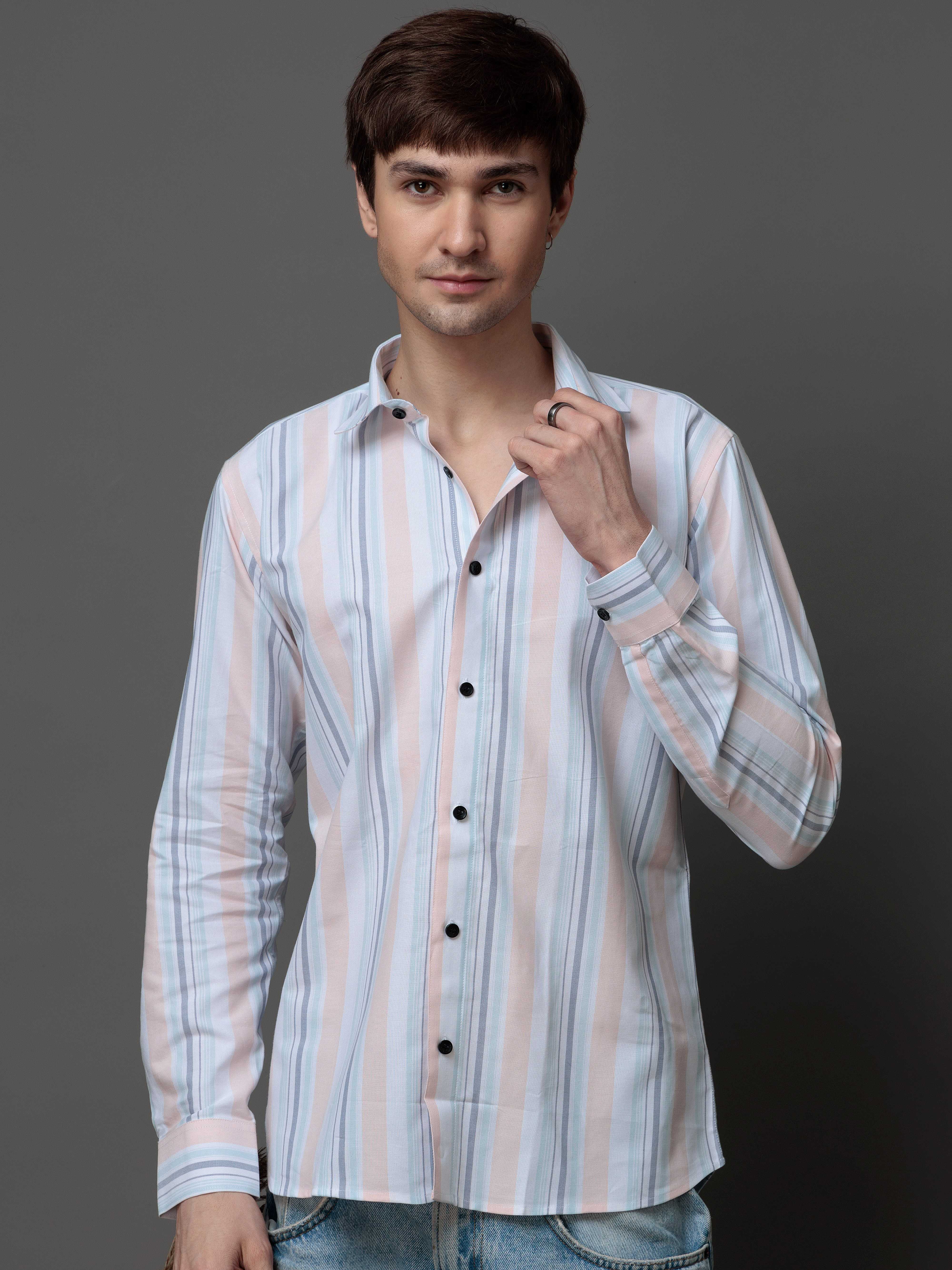 PEACH MULTI STRIPES COTTON REGULAR FIT MEN'S CASUAL SHIRT FOR MEN'S