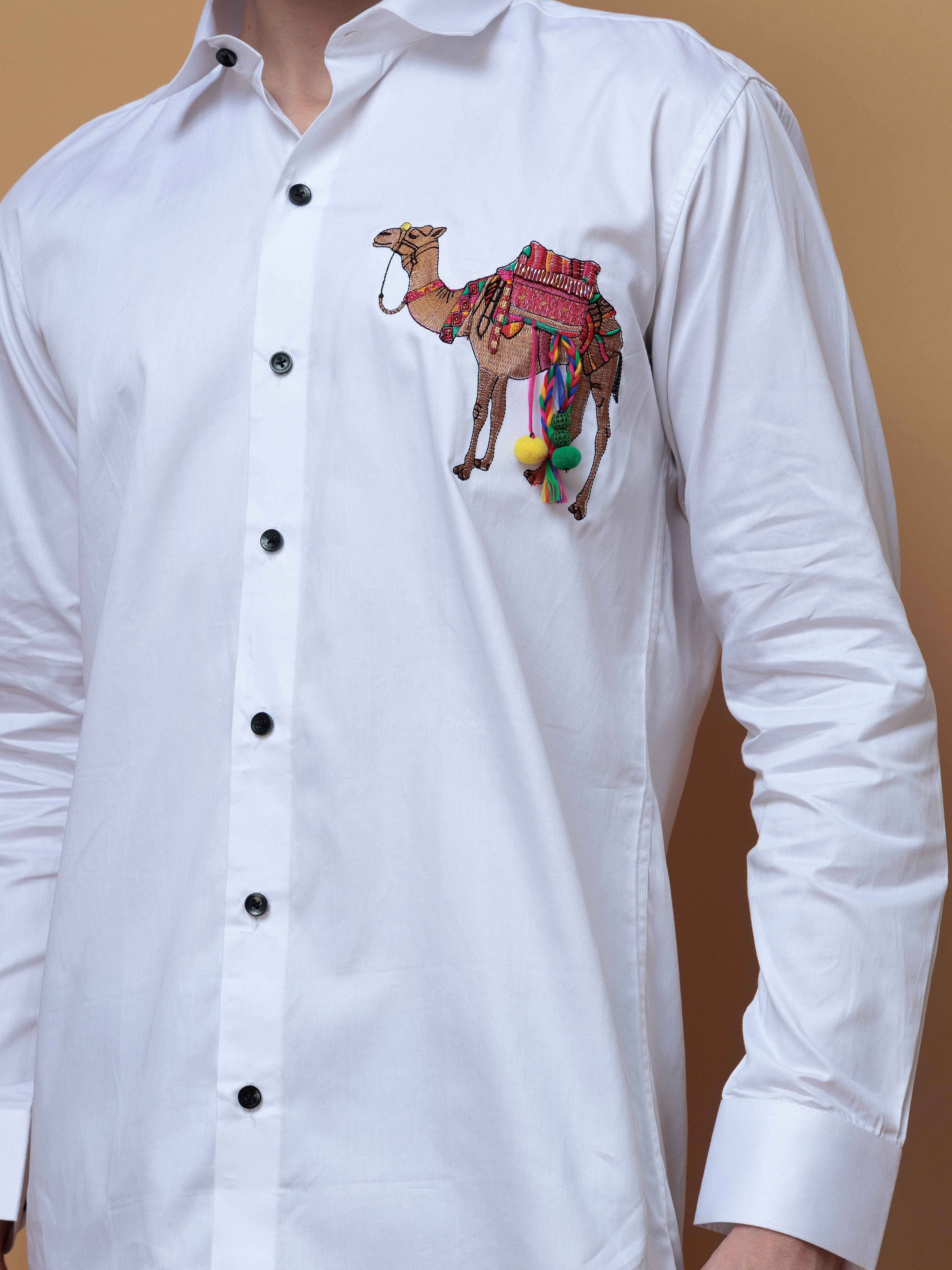 WHITE CAMEL EMBROIDERED DESIGNER SATIN COTTON SHIRT FOR MEN'S