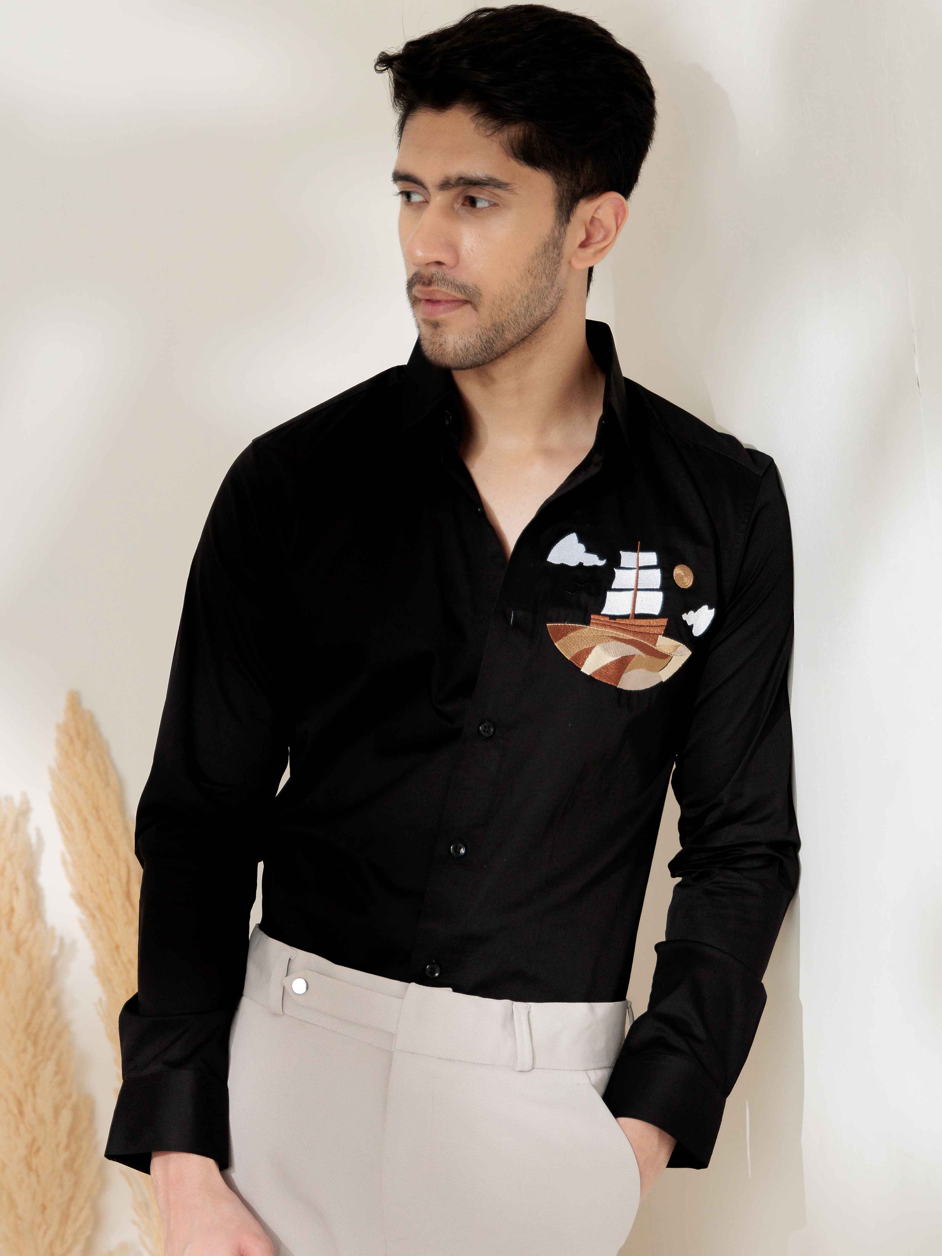 FOOMER BLACK EMBROIDERED DESIGNER WEAR SATIN COTTON SHIRT FOR MEN