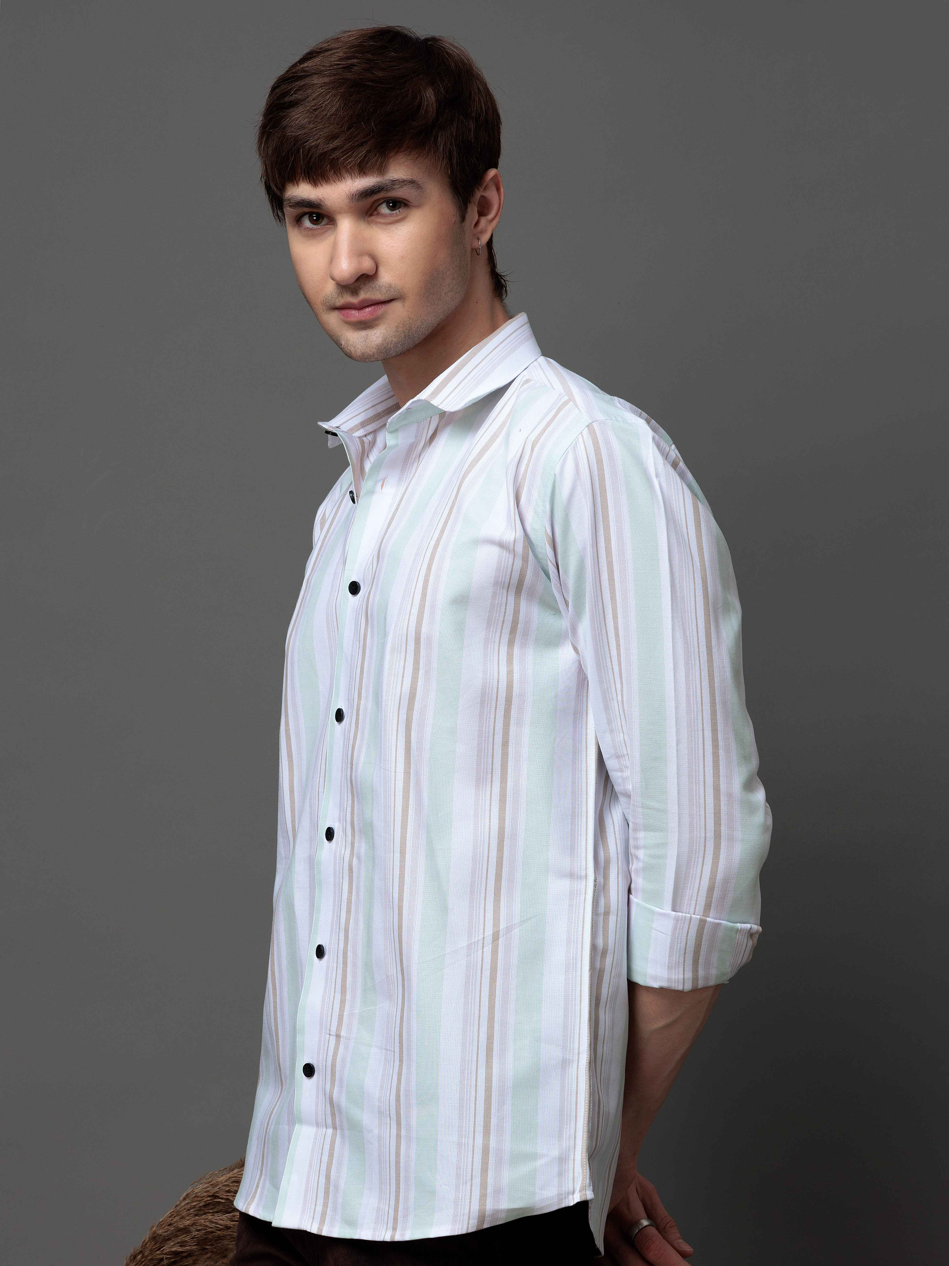GREEN MULTI STRIPES COTTON REGULAR FIT MEN'S CASUAL SHIRT FOR MEN'S