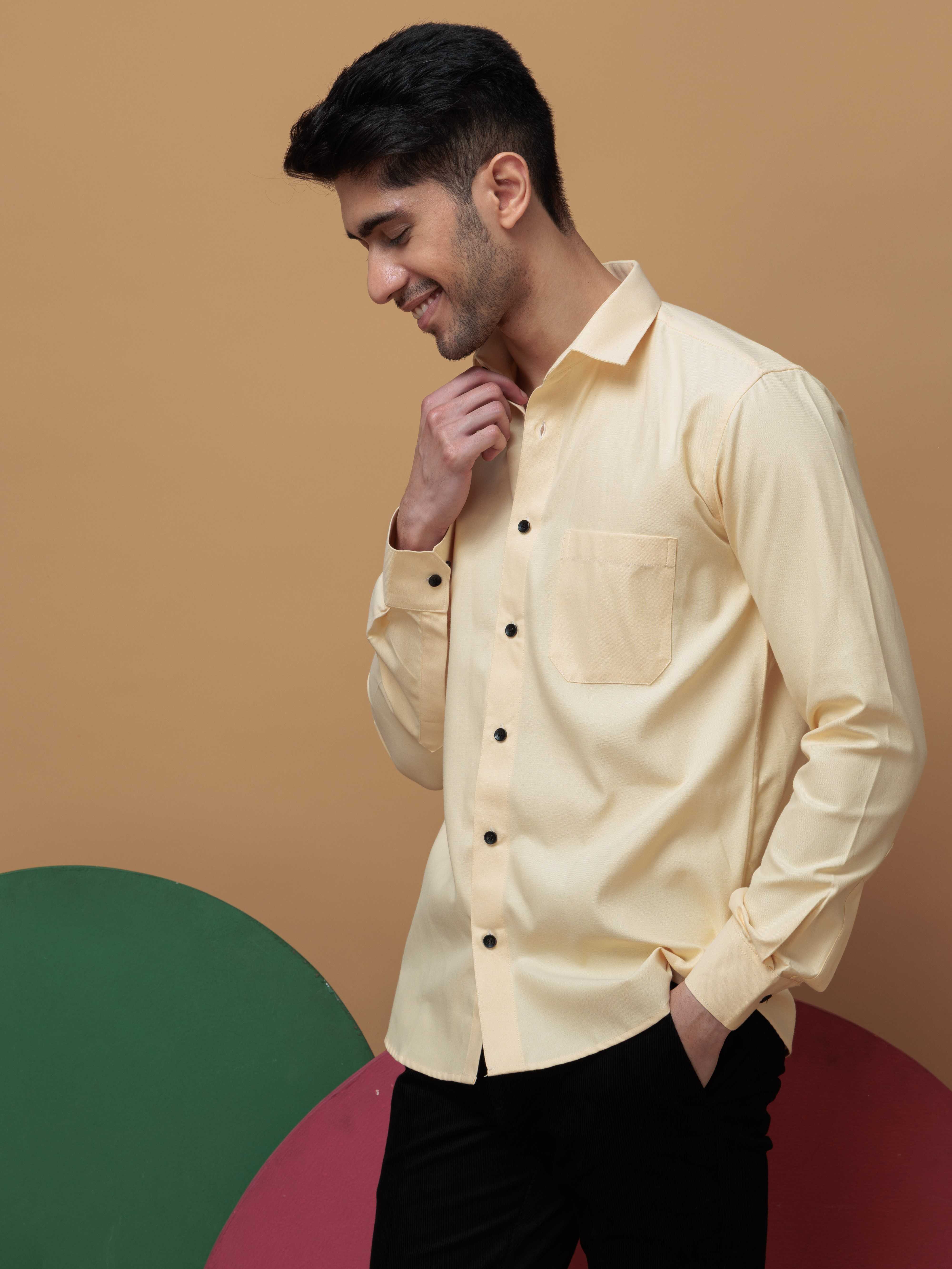 FORMAL YELLOW PLAIN OXFORD COTTON CASUAL SHIRT FOR MEN'S