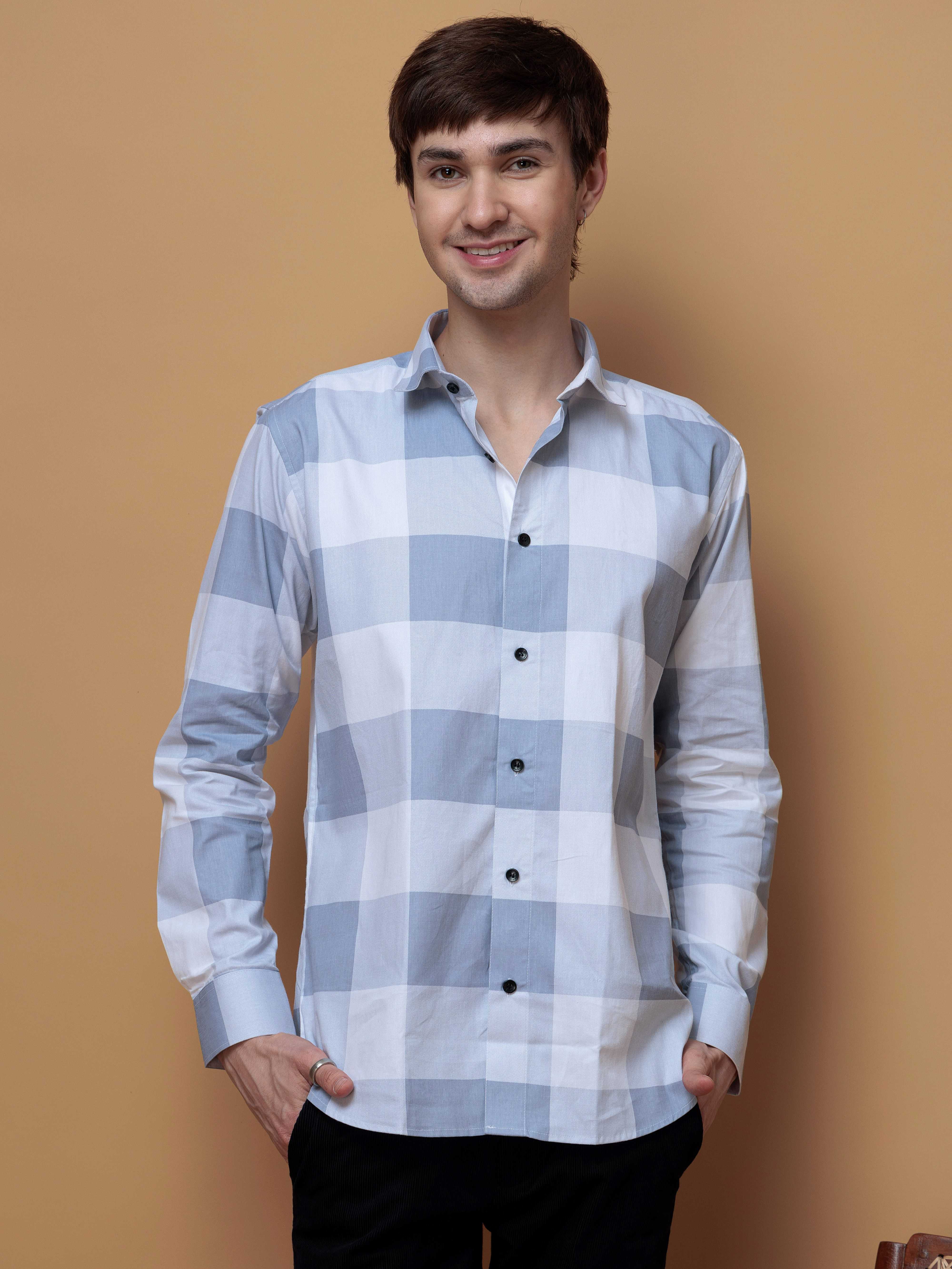 FOOMER GREY CHECKED COTTON CASUAL SHIRT FOR MEN'S