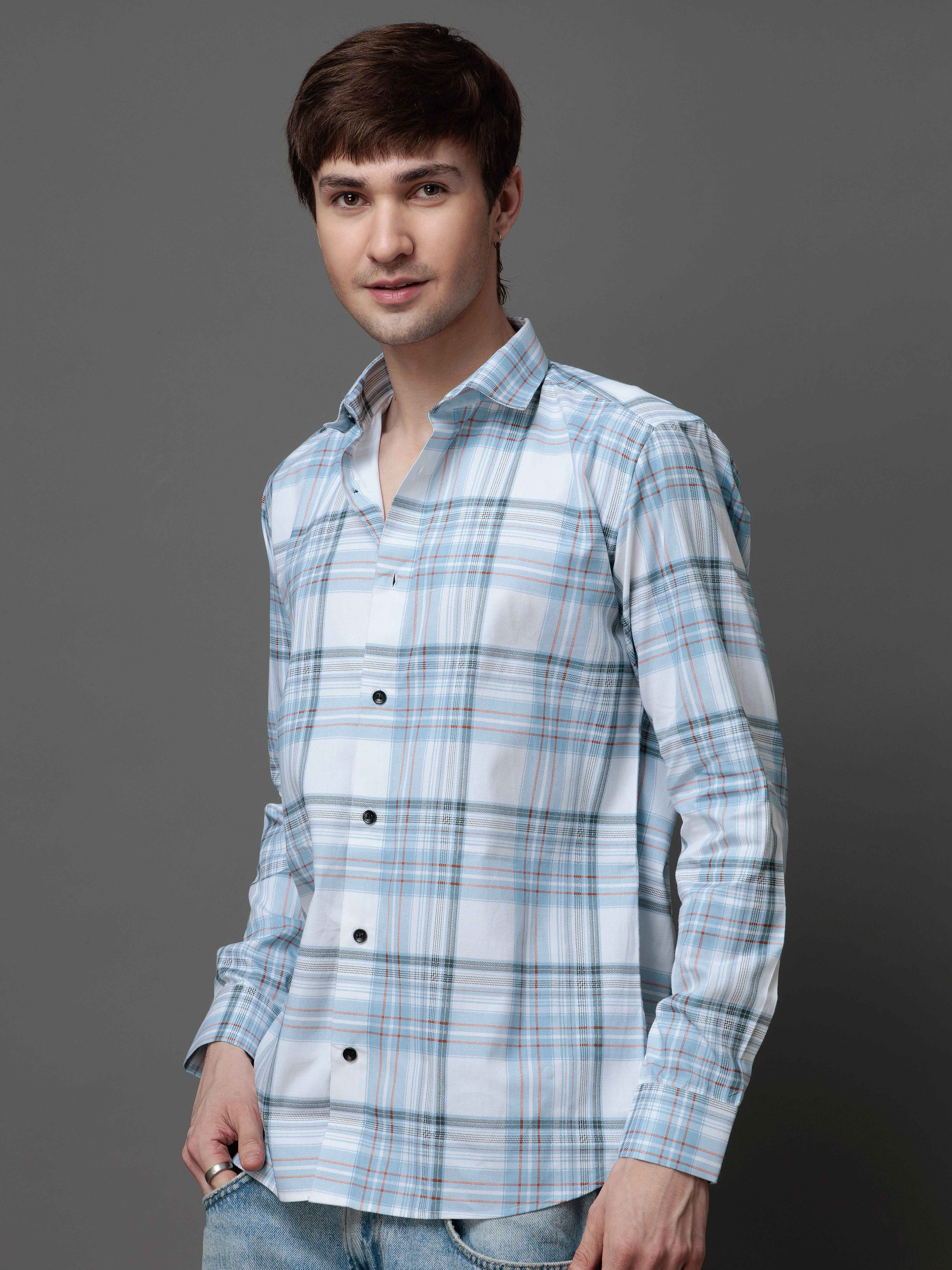 BOX SKY CHECKED COTTON CASUAL SHIRT FOR MEN'S