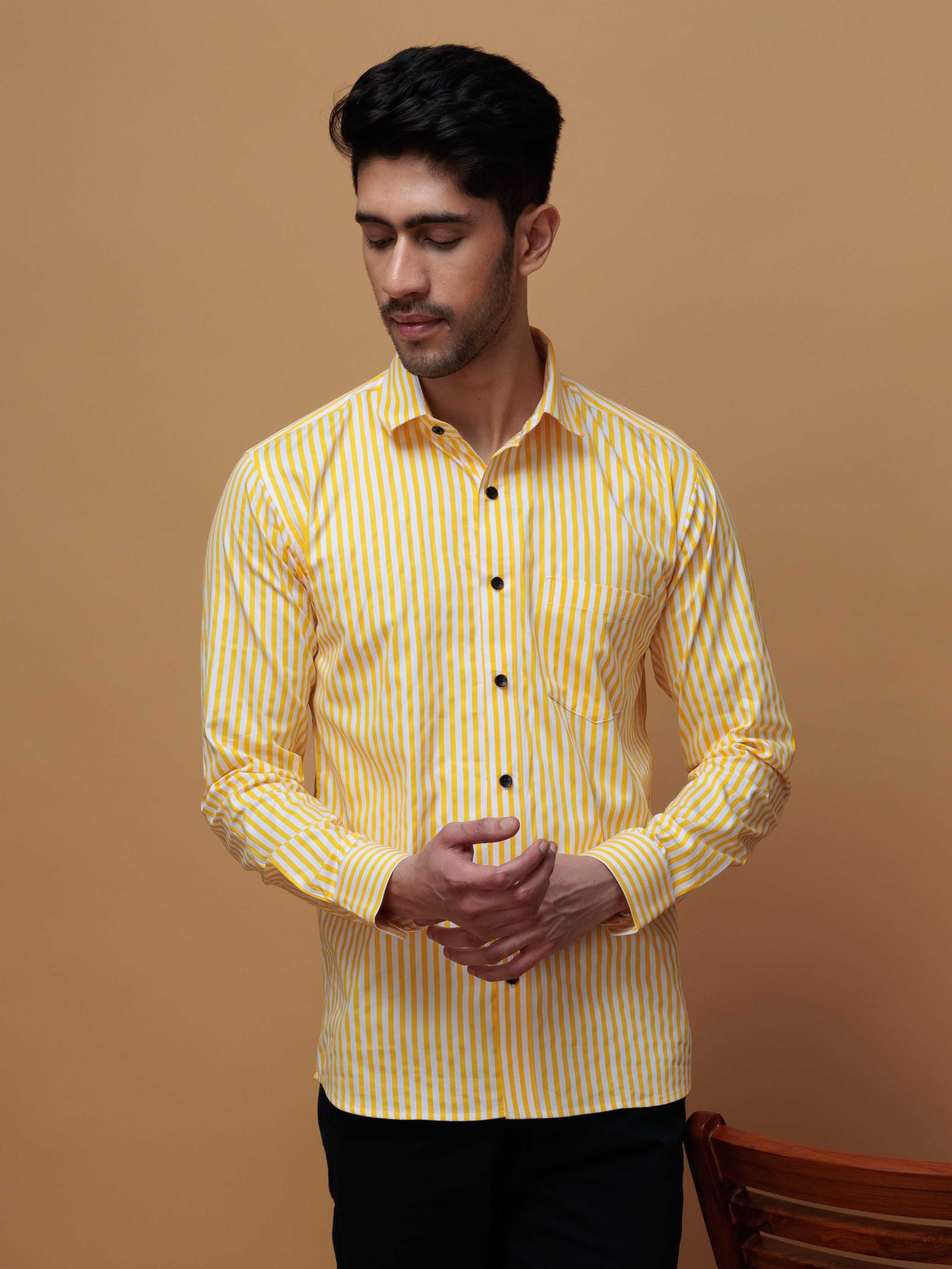 YELLOW STRIPED COTTON REGULAR FIT MEN'S CASUAL SHIRT FOR MEN'S