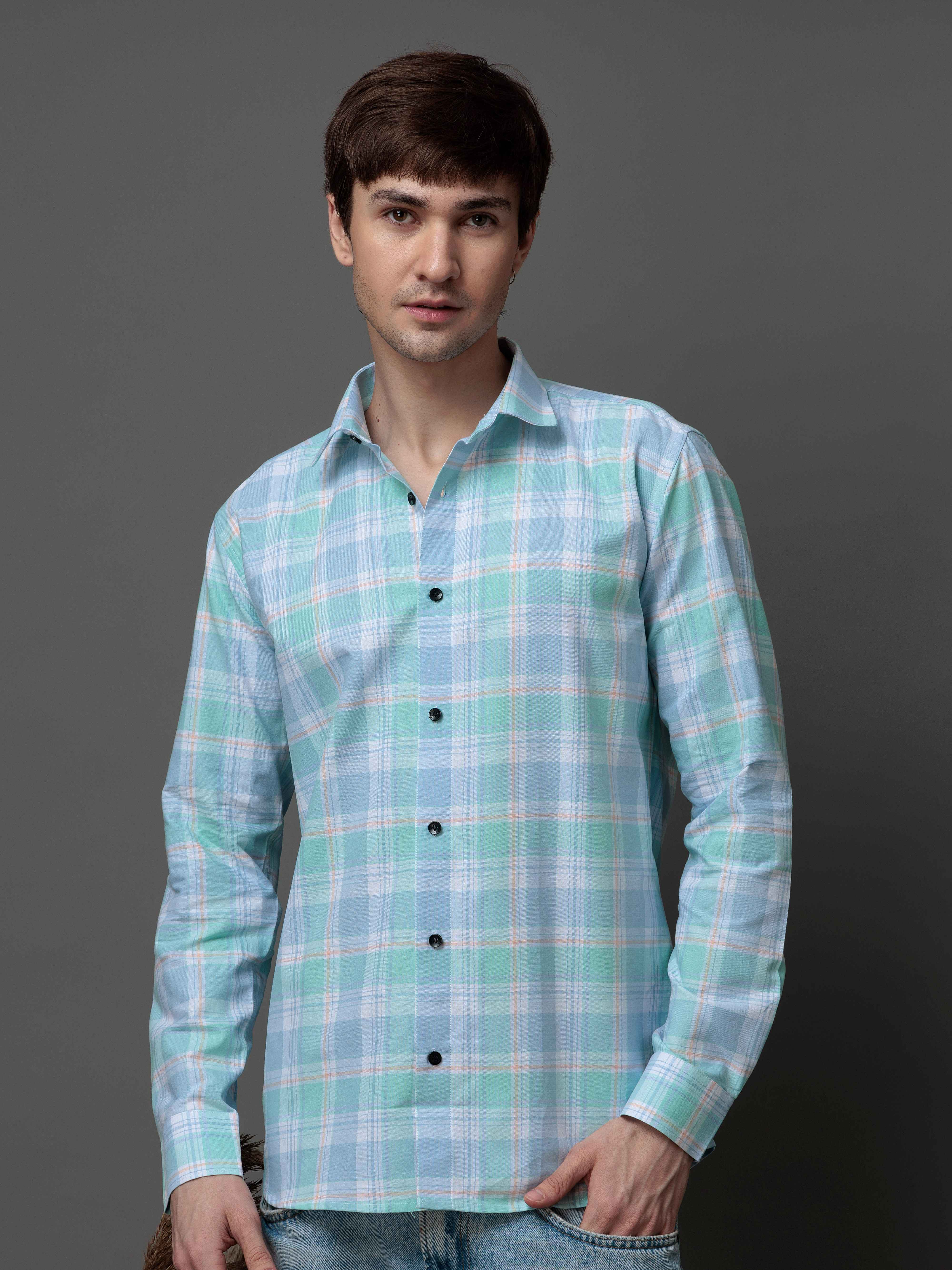 BOX CYAN CHECKED COTTON CASUAL SHIRT FOR MEN'S