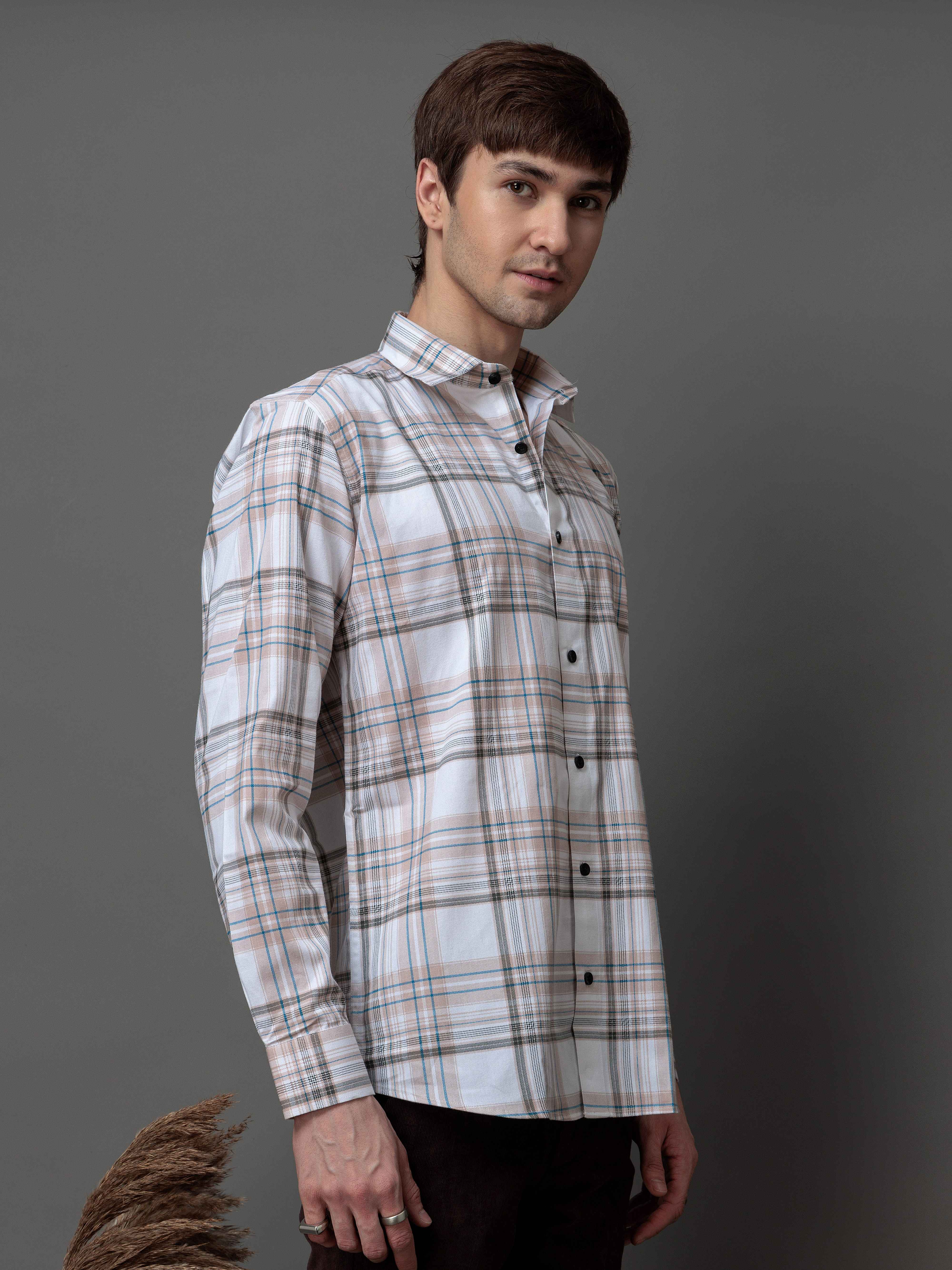 BOX BROWN CHECKED COTTON CASUAL SHIRT FOR MEN'S