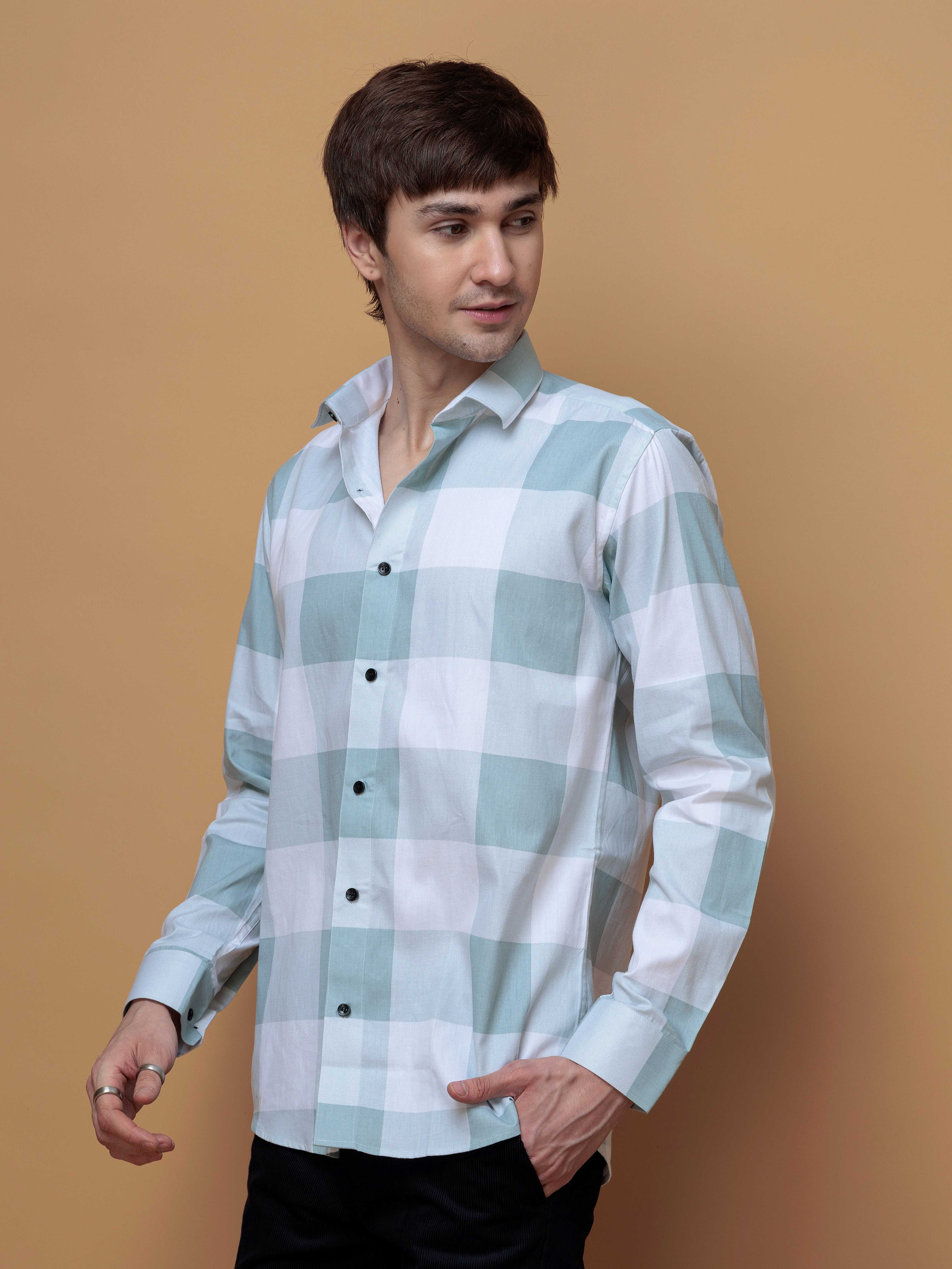 FOOMER GREEN CHECKS COTTON CASUAL SHIRT FOR MEN'S
