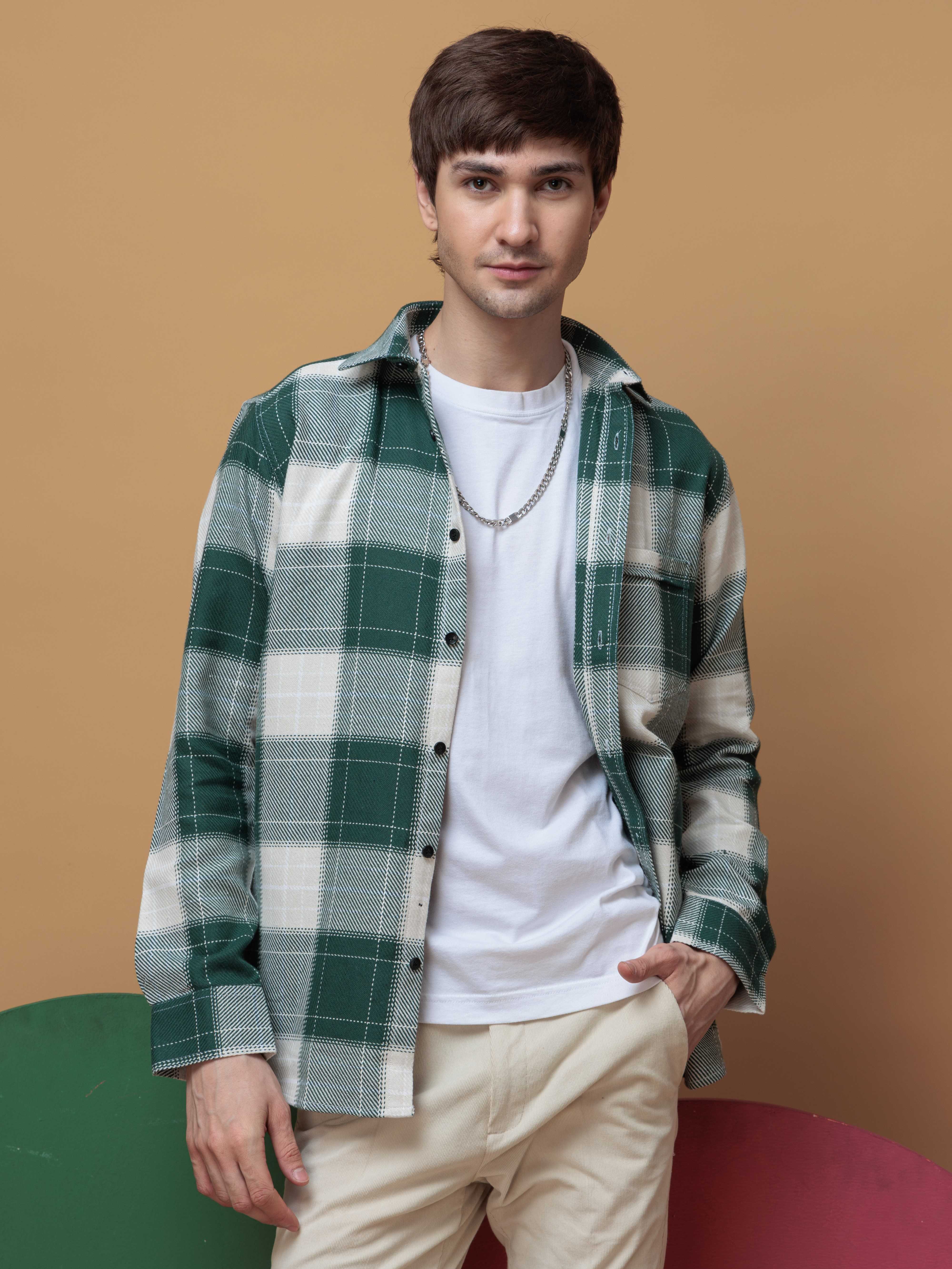 FOOMER TARTAN GREEN CHECKED CASUAL SHIRT FOR MEN'S