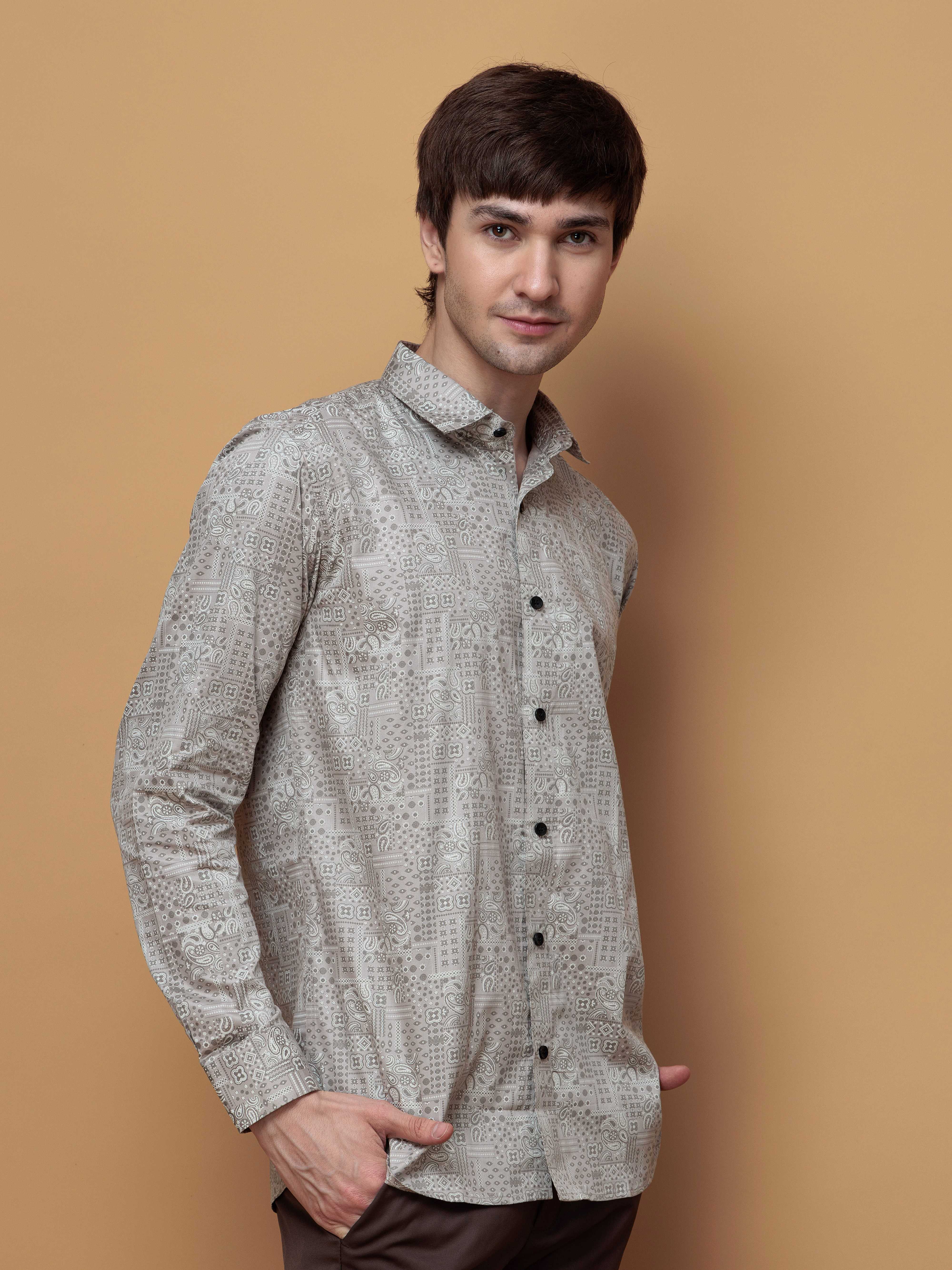 GREY SATIN PREMIUM PRINTED CASUAL SHIRT FOR MEN'S