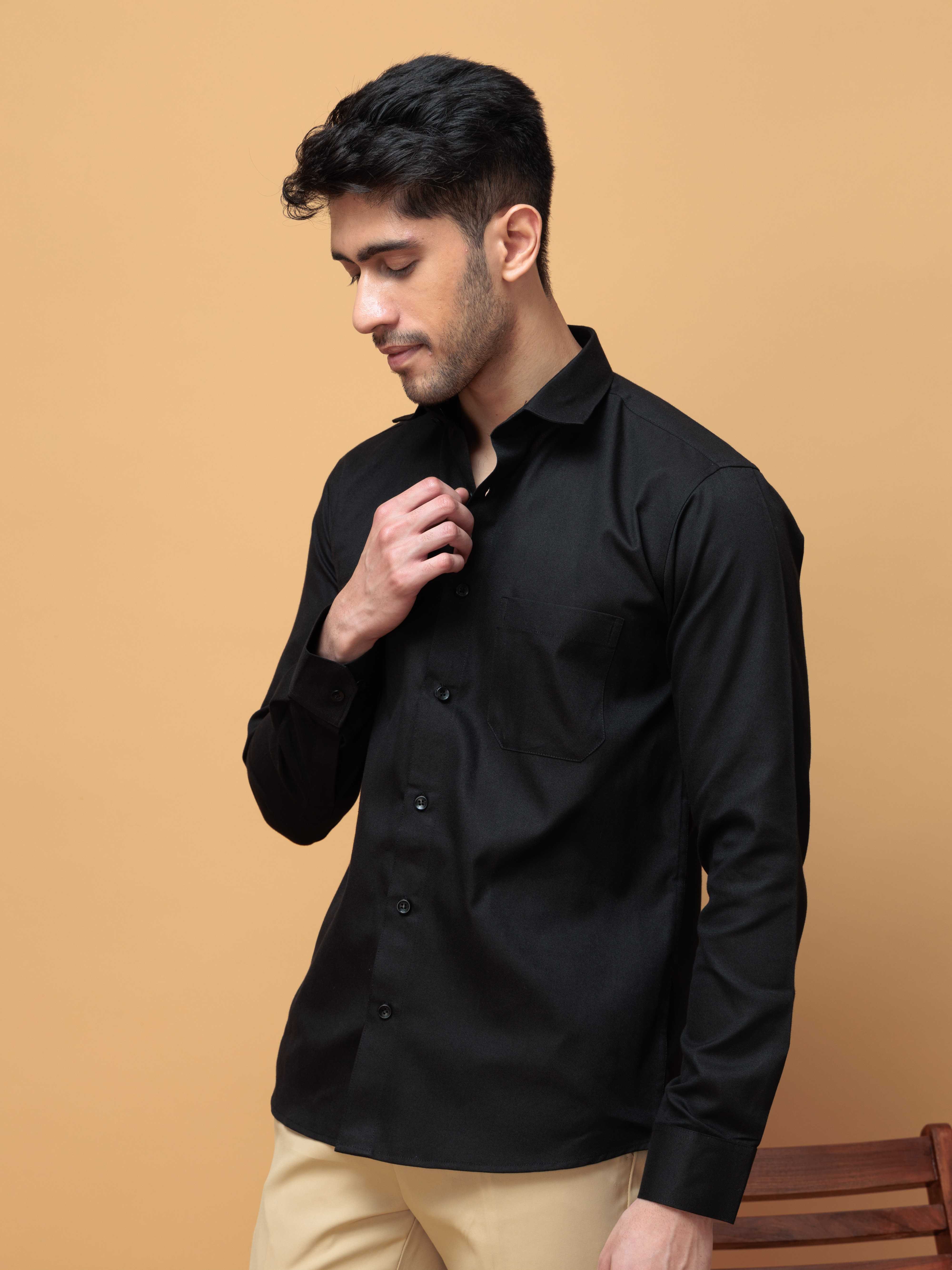 FORMAL BLACK PLAIN OXFORD COTTON CASUAL SHIRT FOR MEN'S