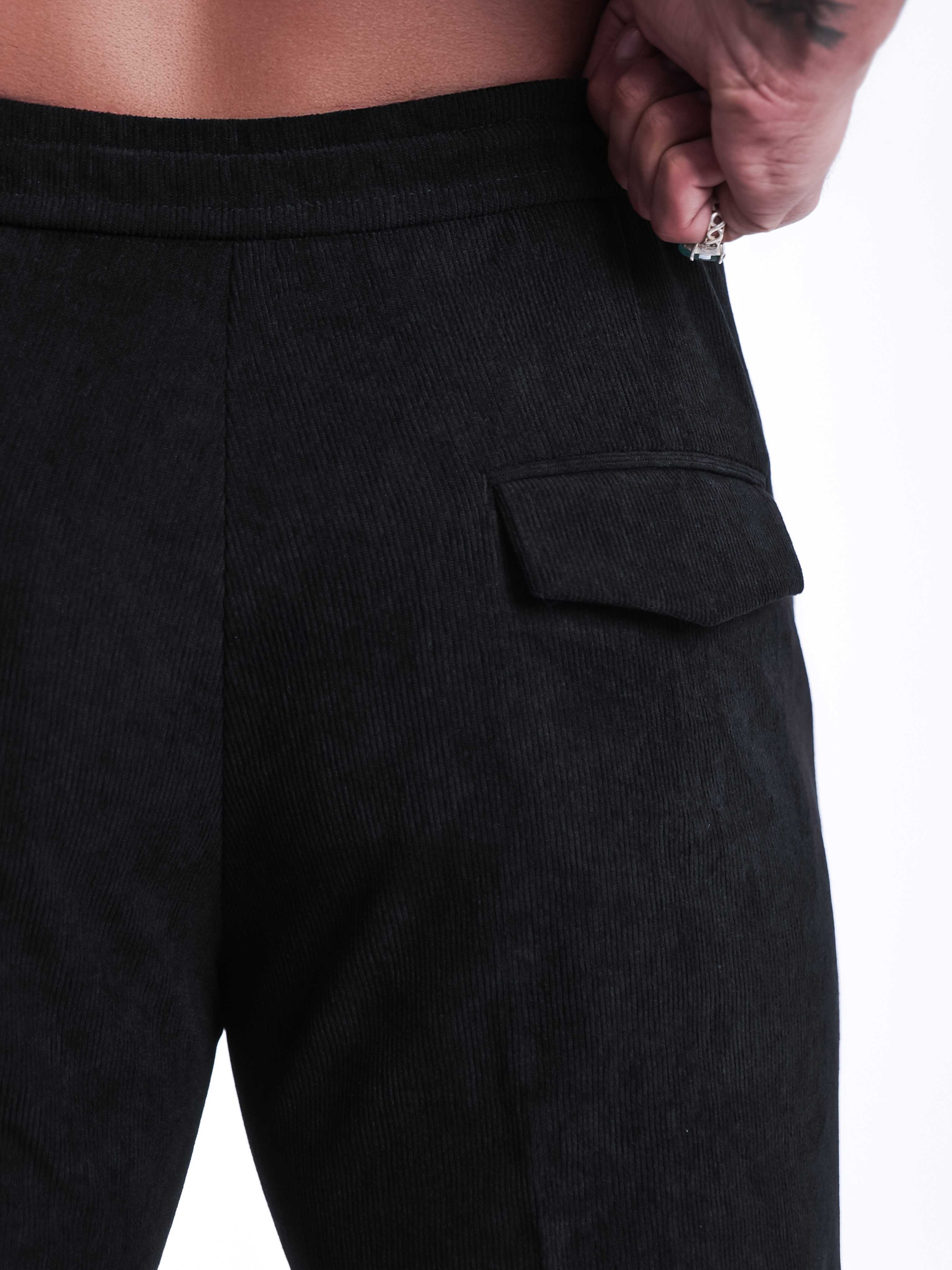 Foomer Black Corduroy Relaxed Fit Trousers For Men's