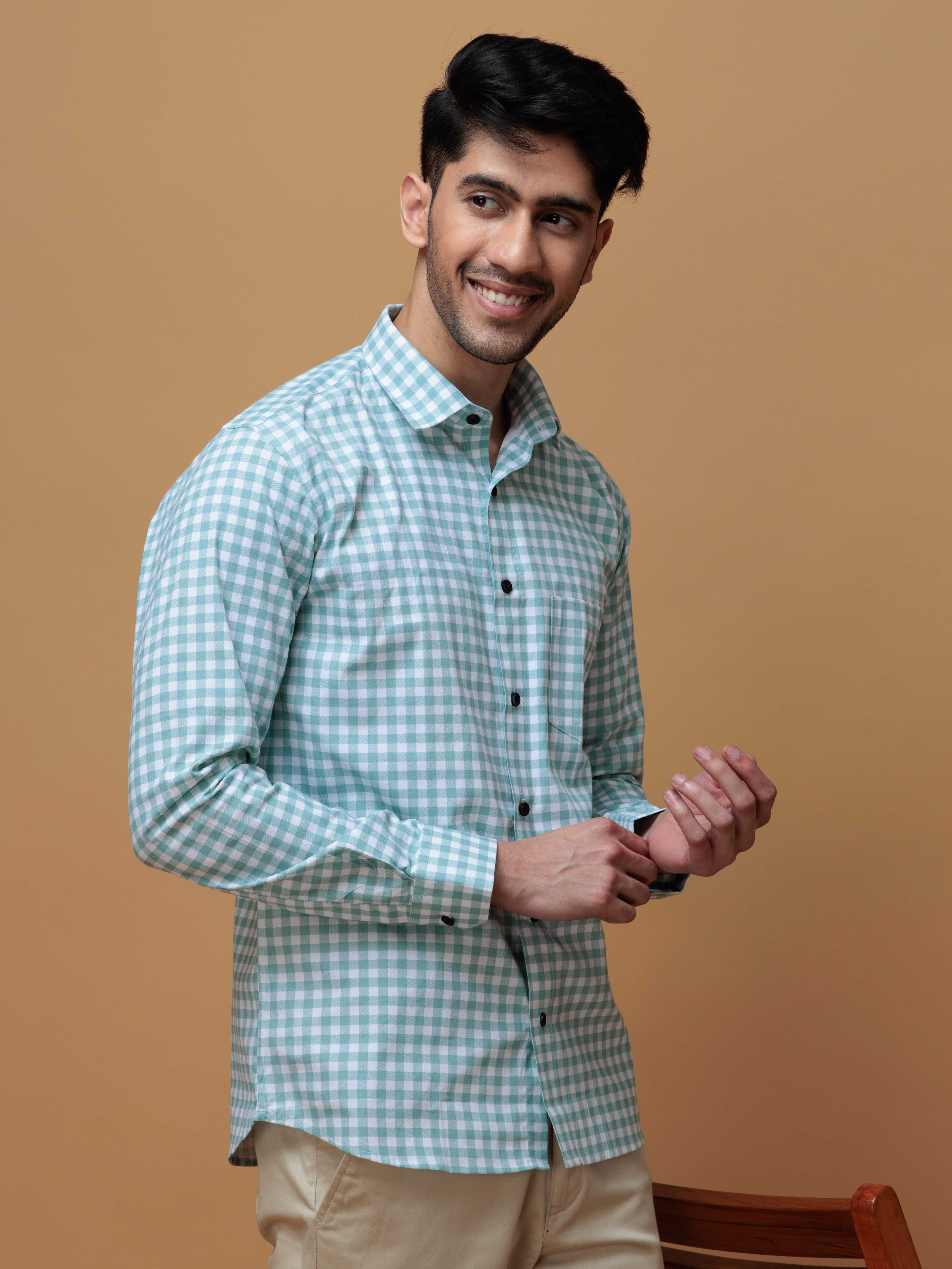 CYAN CHECKS PRINTED COTTON CASUAL SHIRT FOR MEN'S