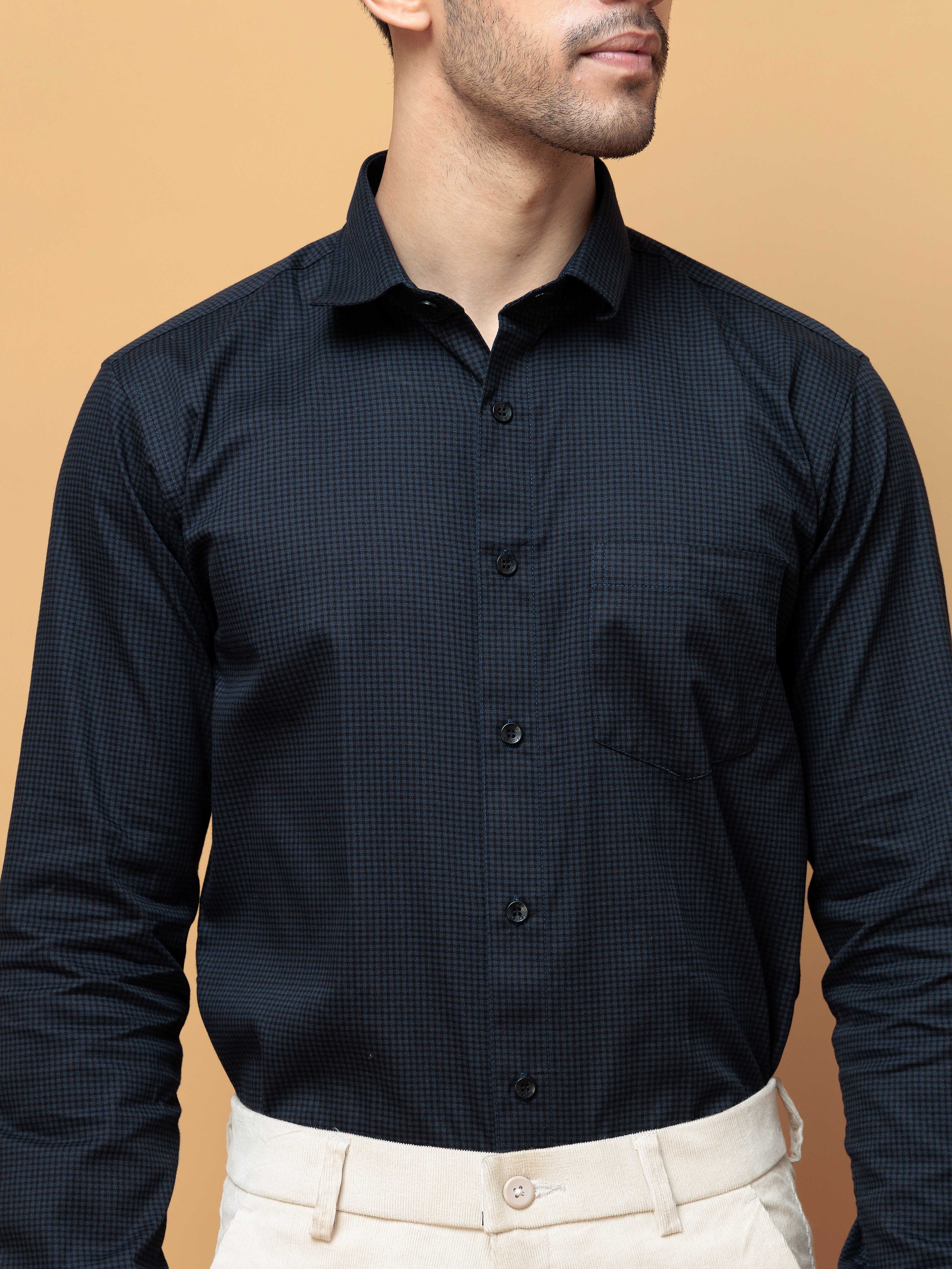 FOOMER NAVY MINI CHECKED COTTON CASUAL SHIRT FOE MEN'S