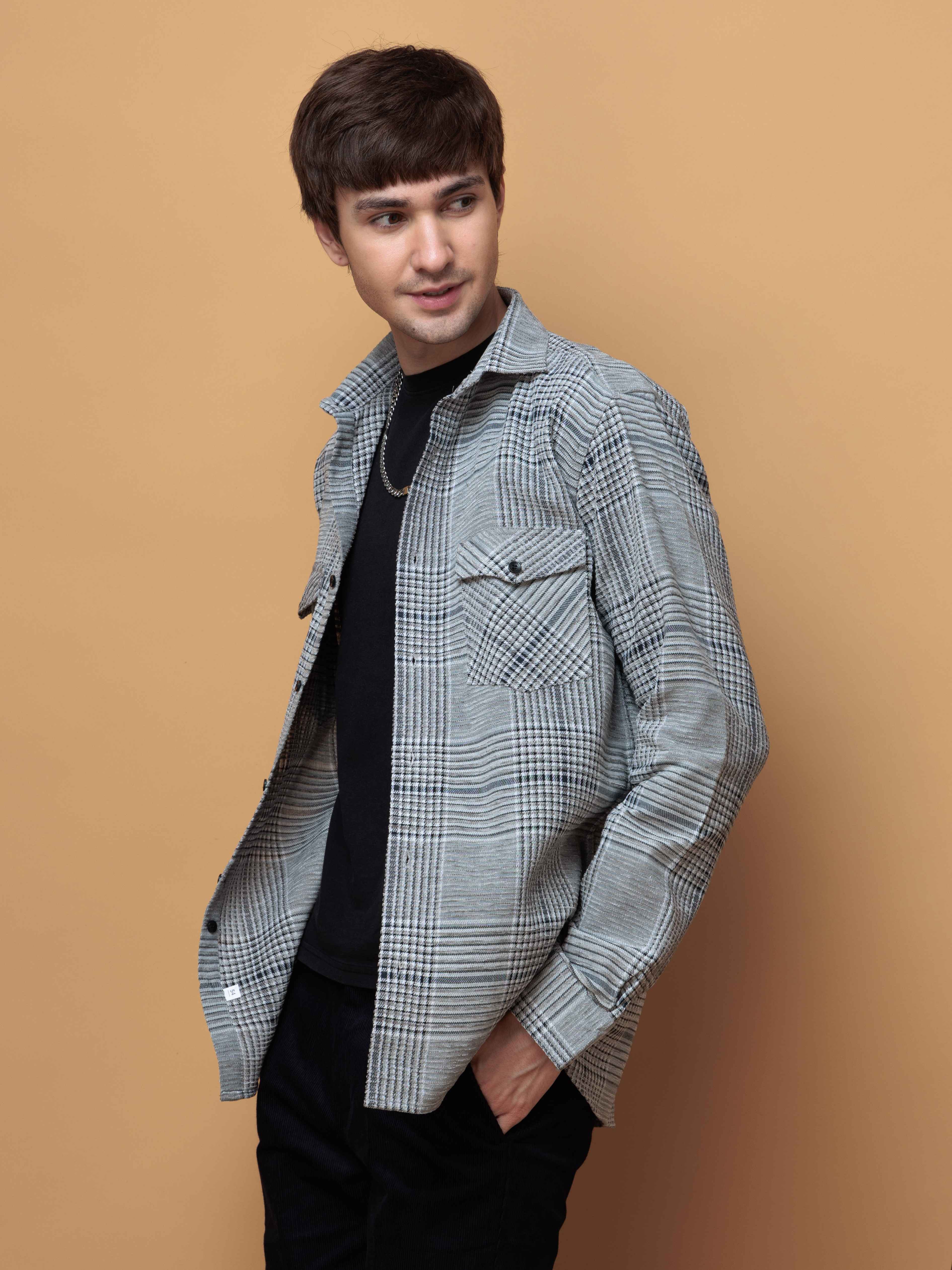 FOOMER GREY GLEN CHECKED CASUAL SHIRT FOR MEN'S
