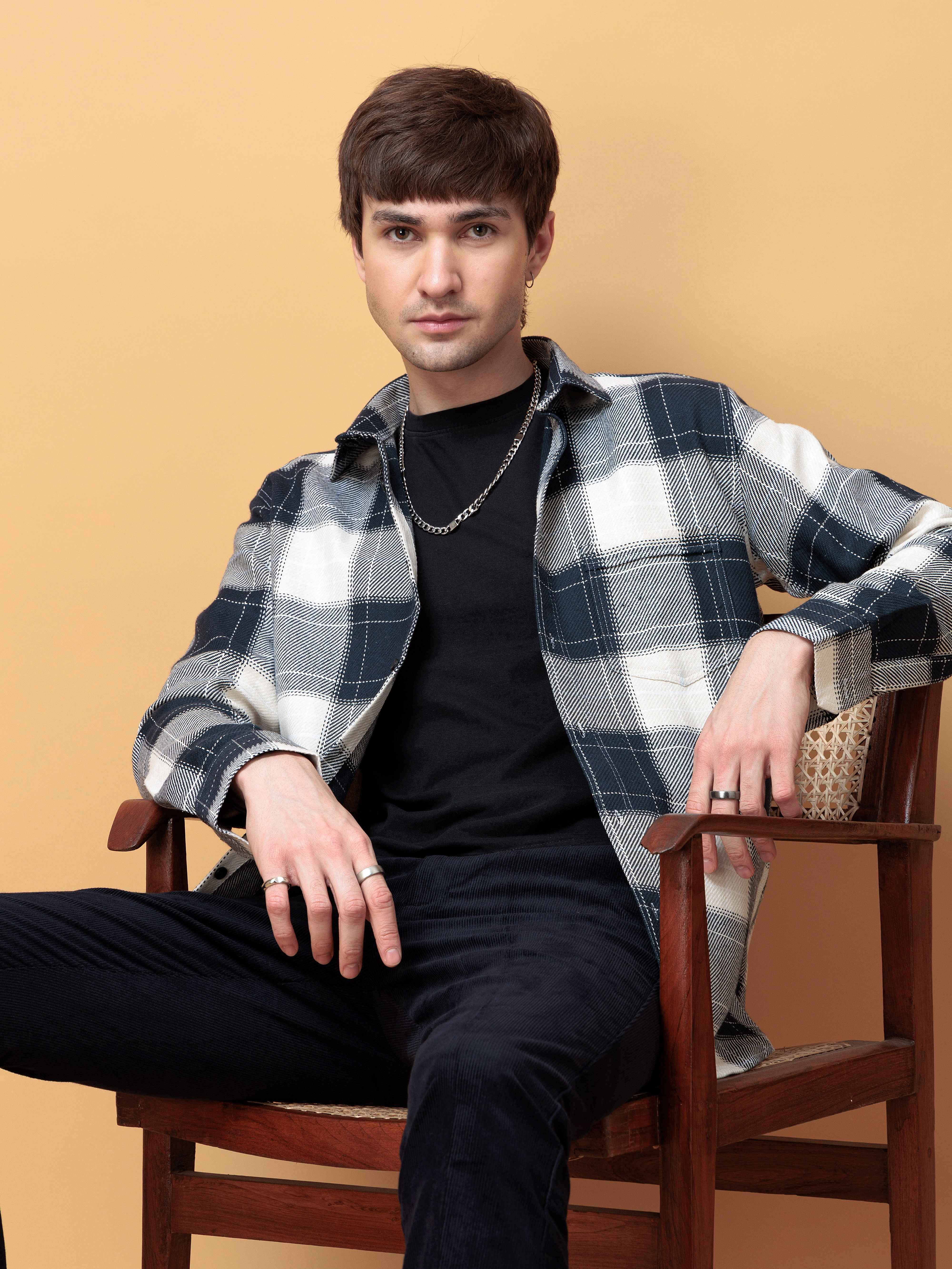 FOOMER TARTAN NAVY CHECKED COTTON CASUAL SHIRT FOR MEN'S