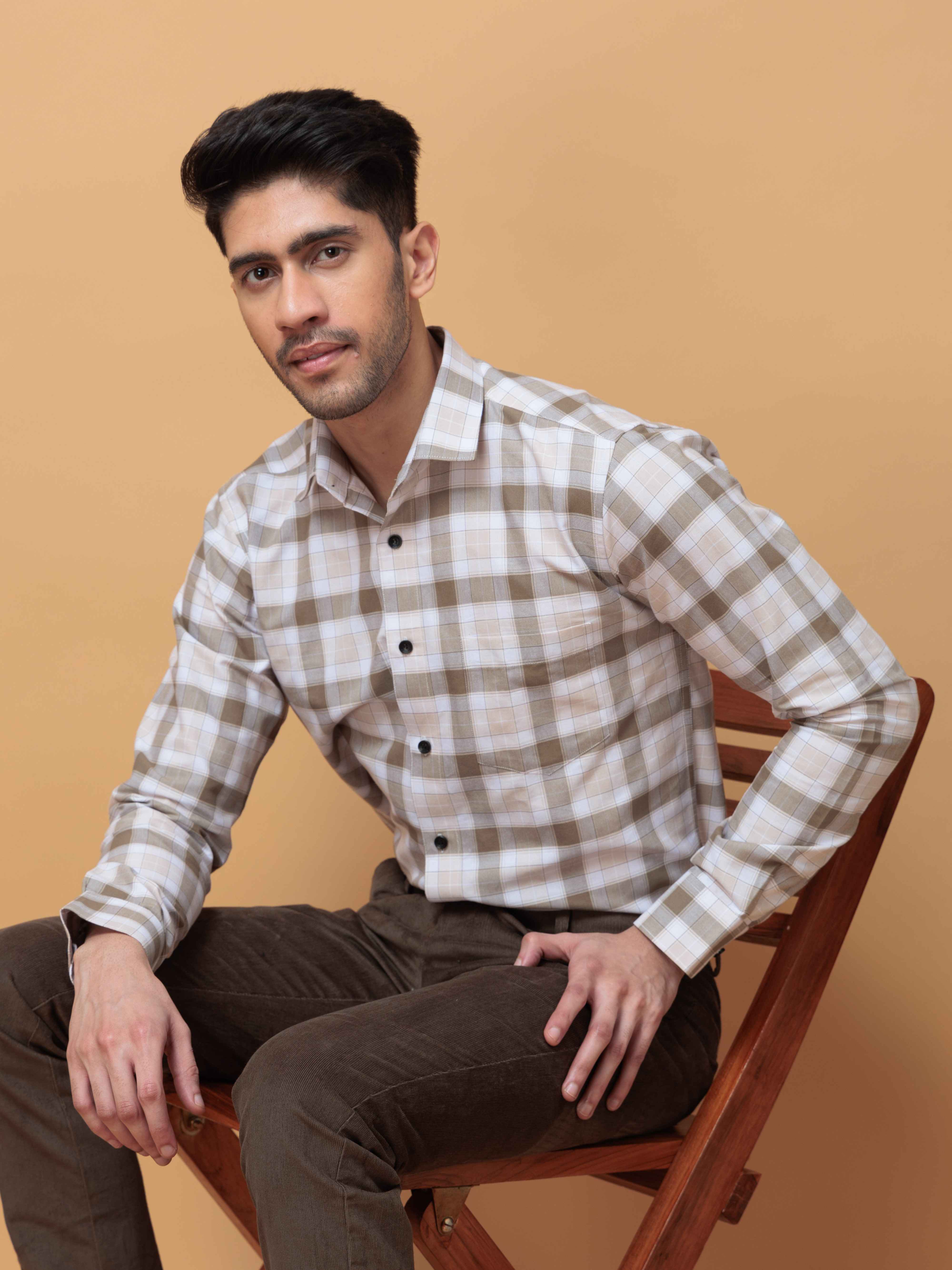 SQUARE WOOD CHECKED COTTON CASUAL SHIRT FOR MEN'S