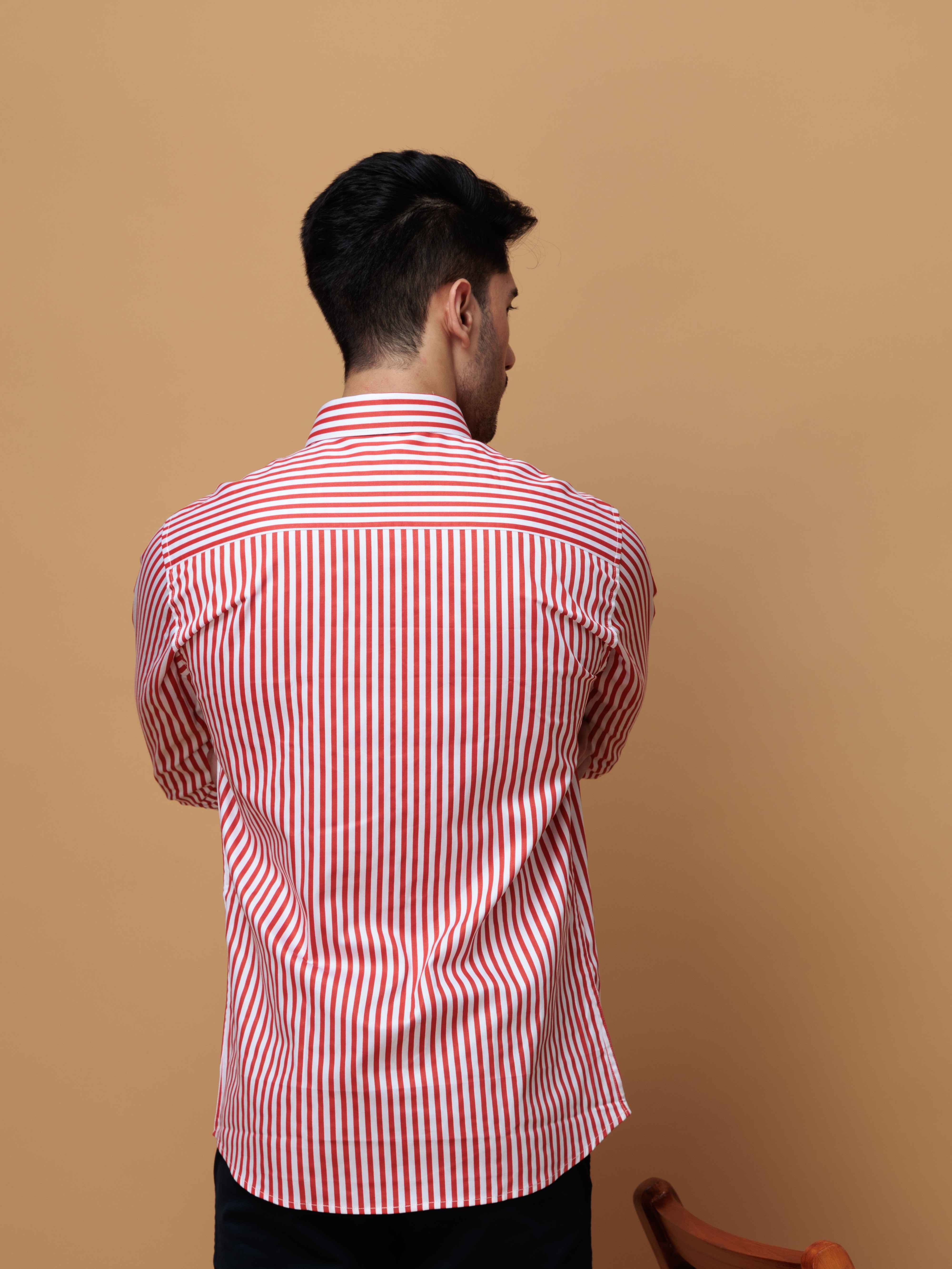 RED STRIPED COTTON REGULAR FIT MEN'S CASUAL SHIRT FOR MEN'S