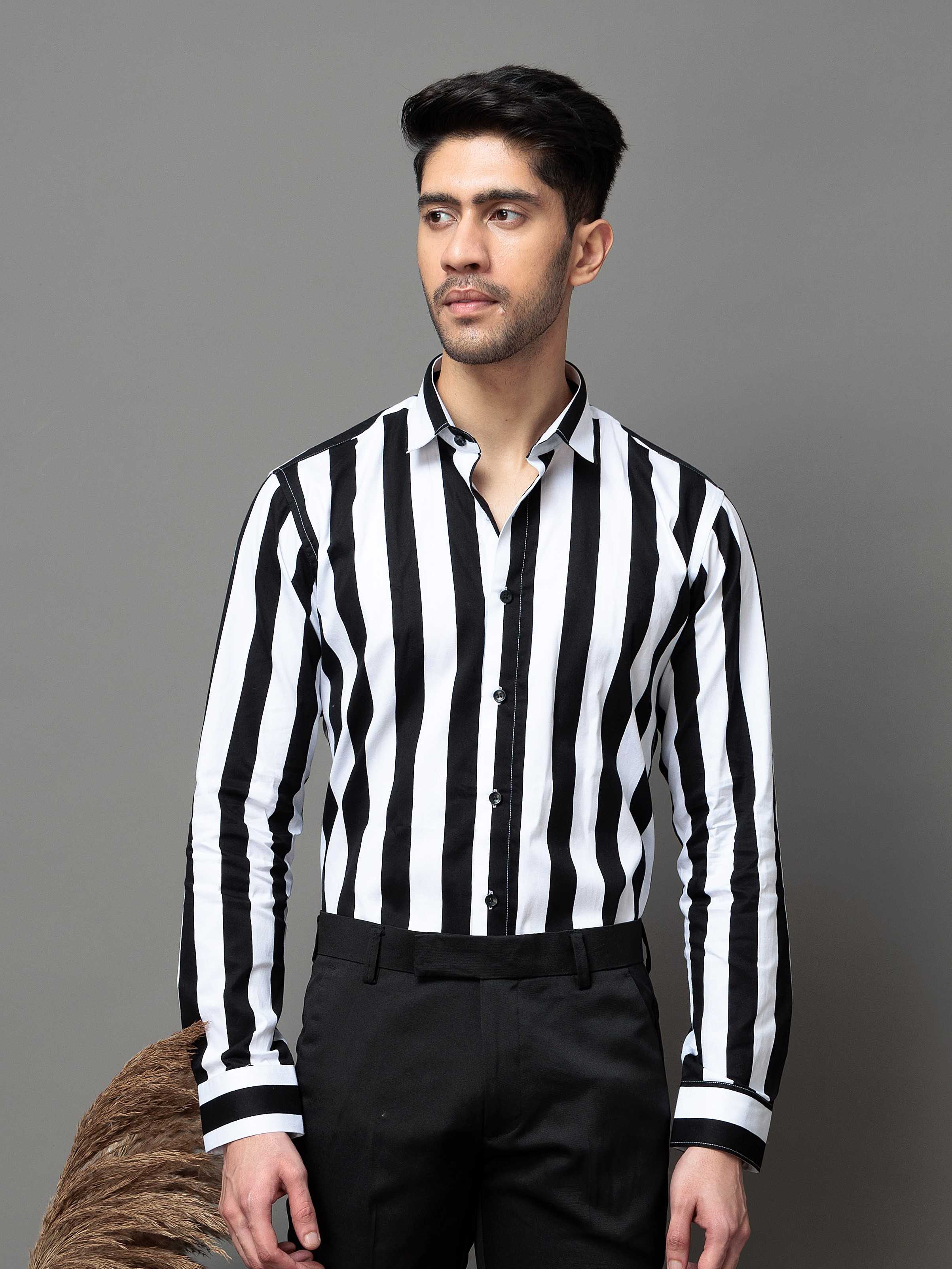 BLACK STRIPED PRINTED COTTON CASUAL SHIRT FOR MEN'S