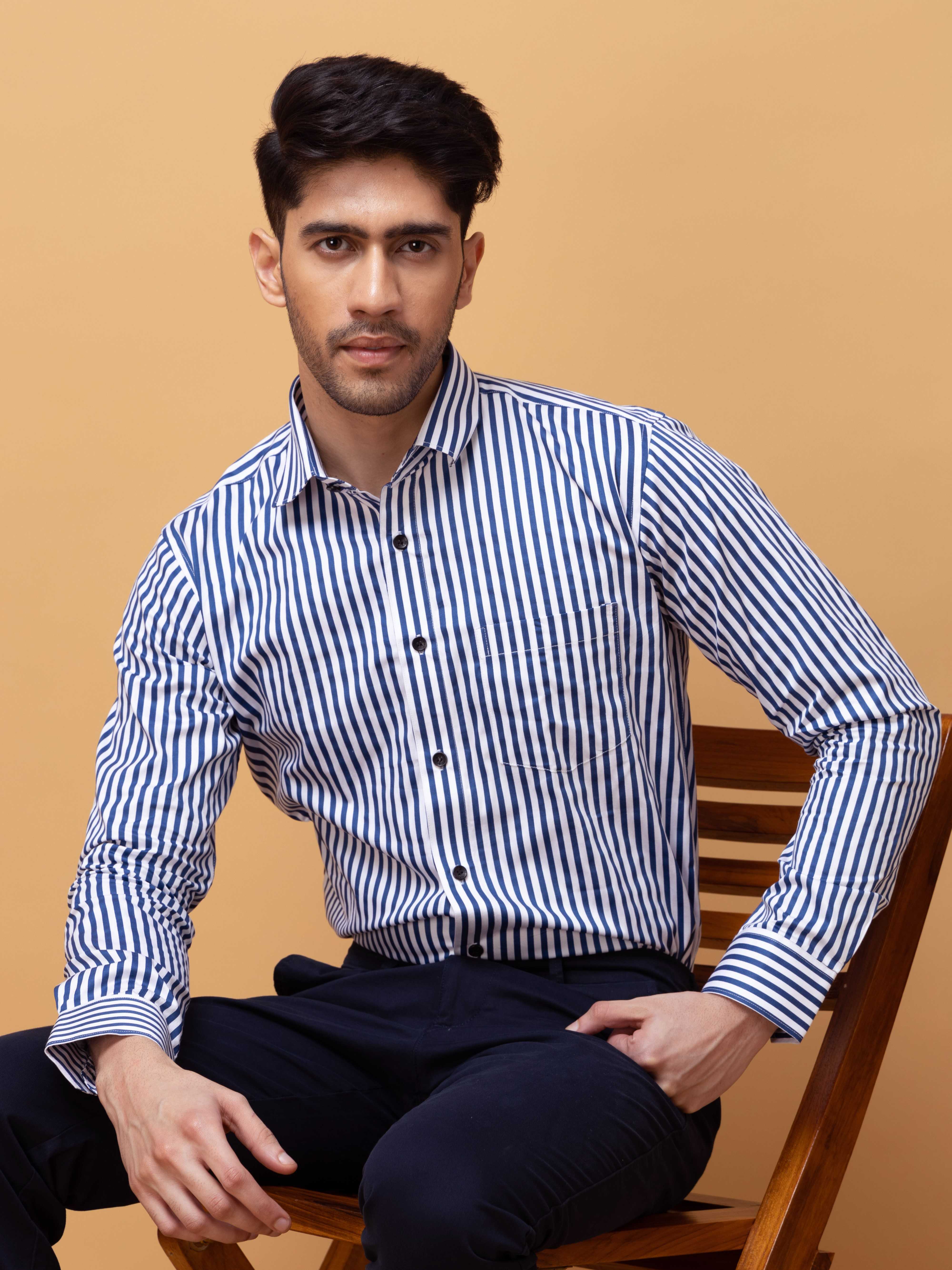 BLUE STRIPED COTTON REGULAR FIT MEN'S CASUAL SHIRT FOR MEN'S