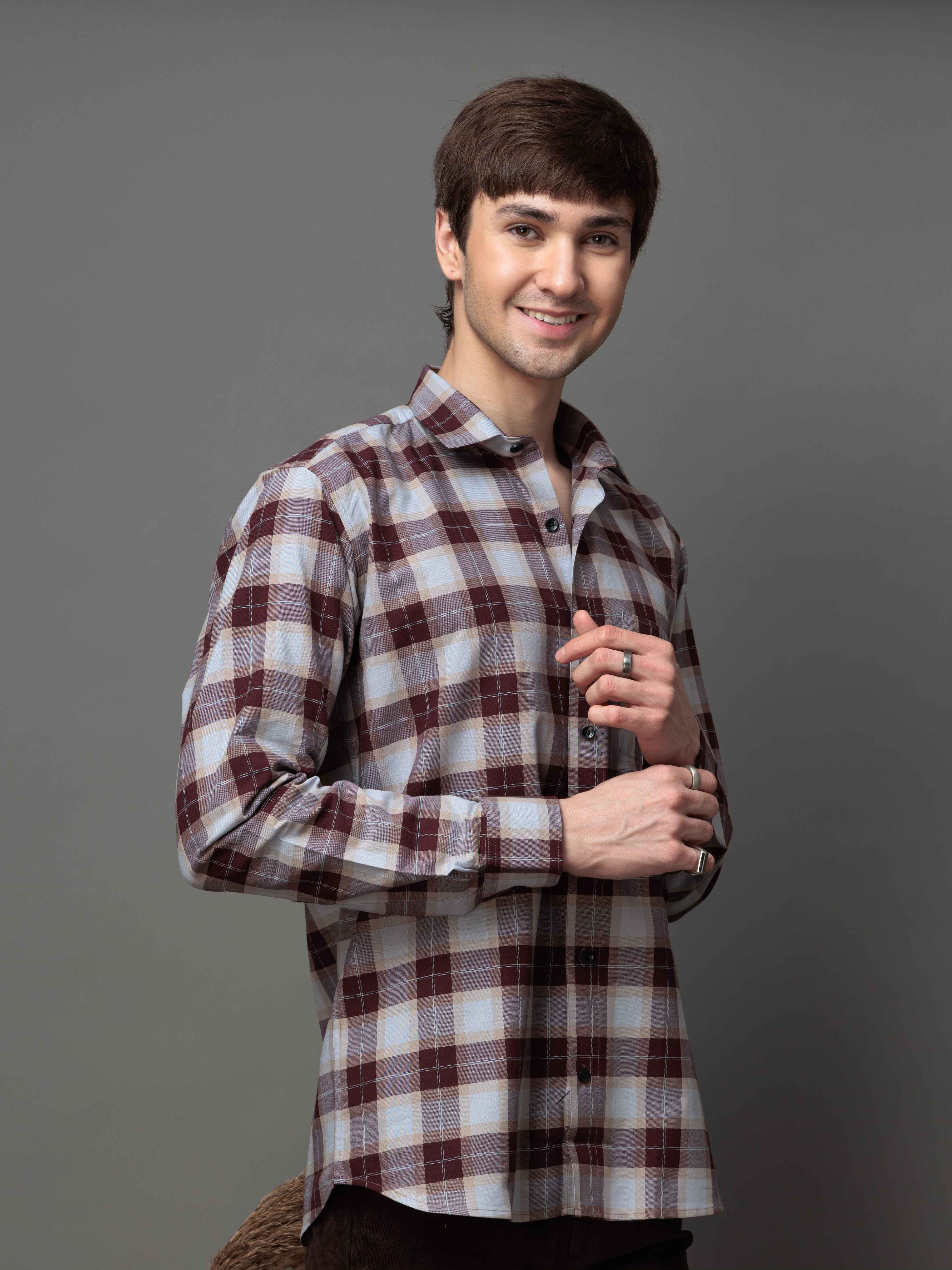 SQUARE WINE CHECKED COTTON CASUAL SHIRT FOR MEN'S