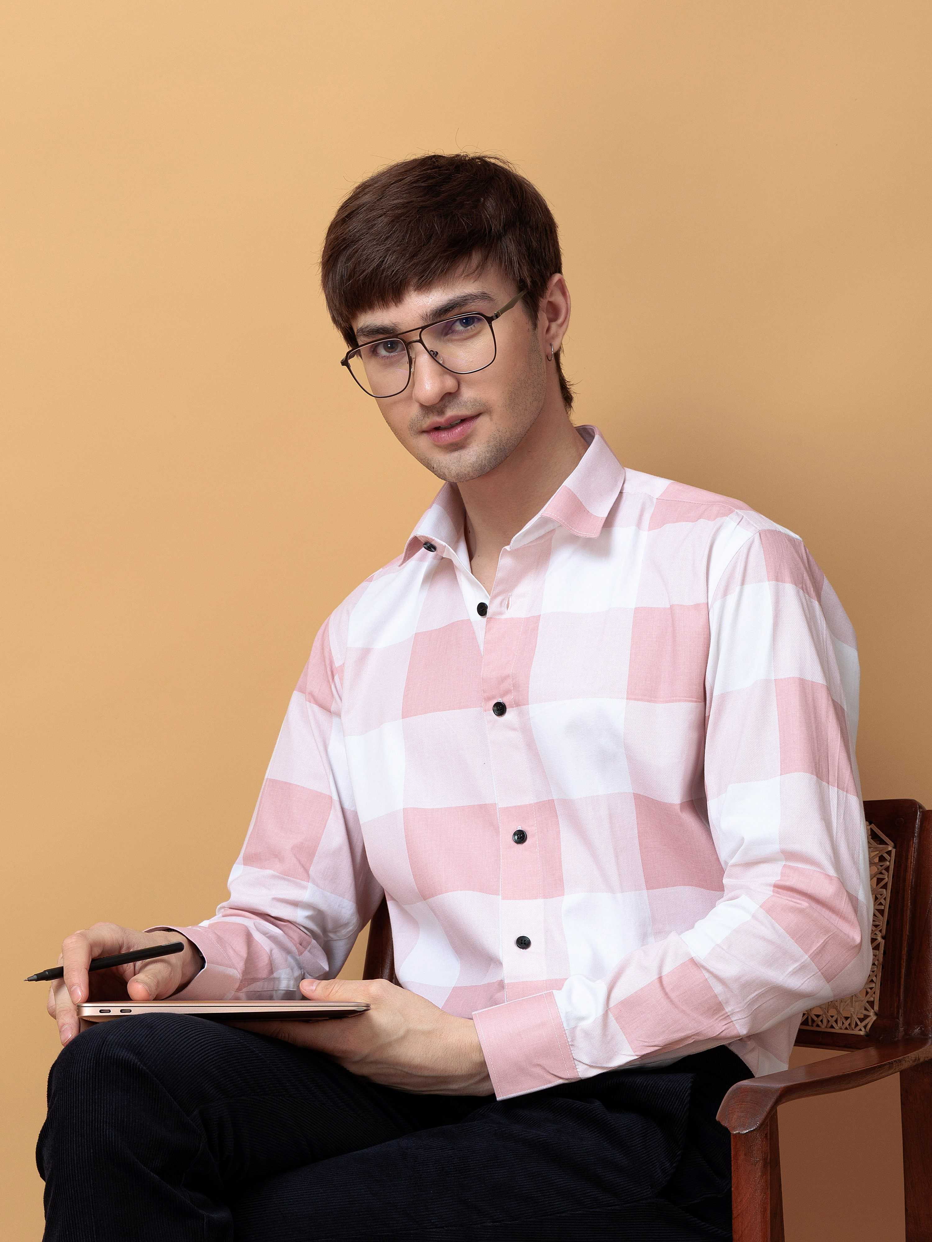 FOOMER SQUARE PEACH CHECKED COTTON CASUAL SHIRT FOR MEN'S