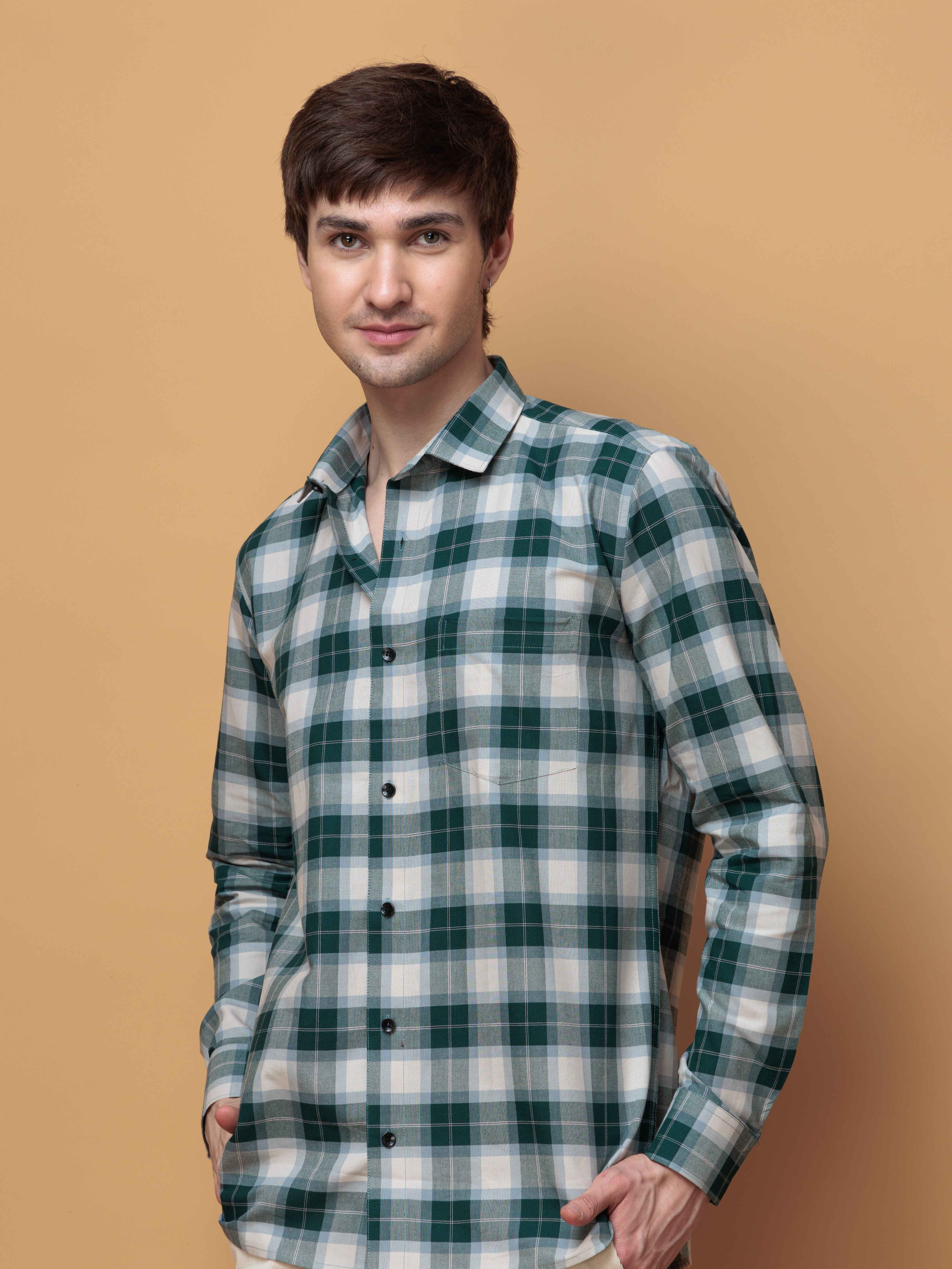 SQUARE GREEN CHECKED COTTON CASUAL SHIRT FOR MEN'S