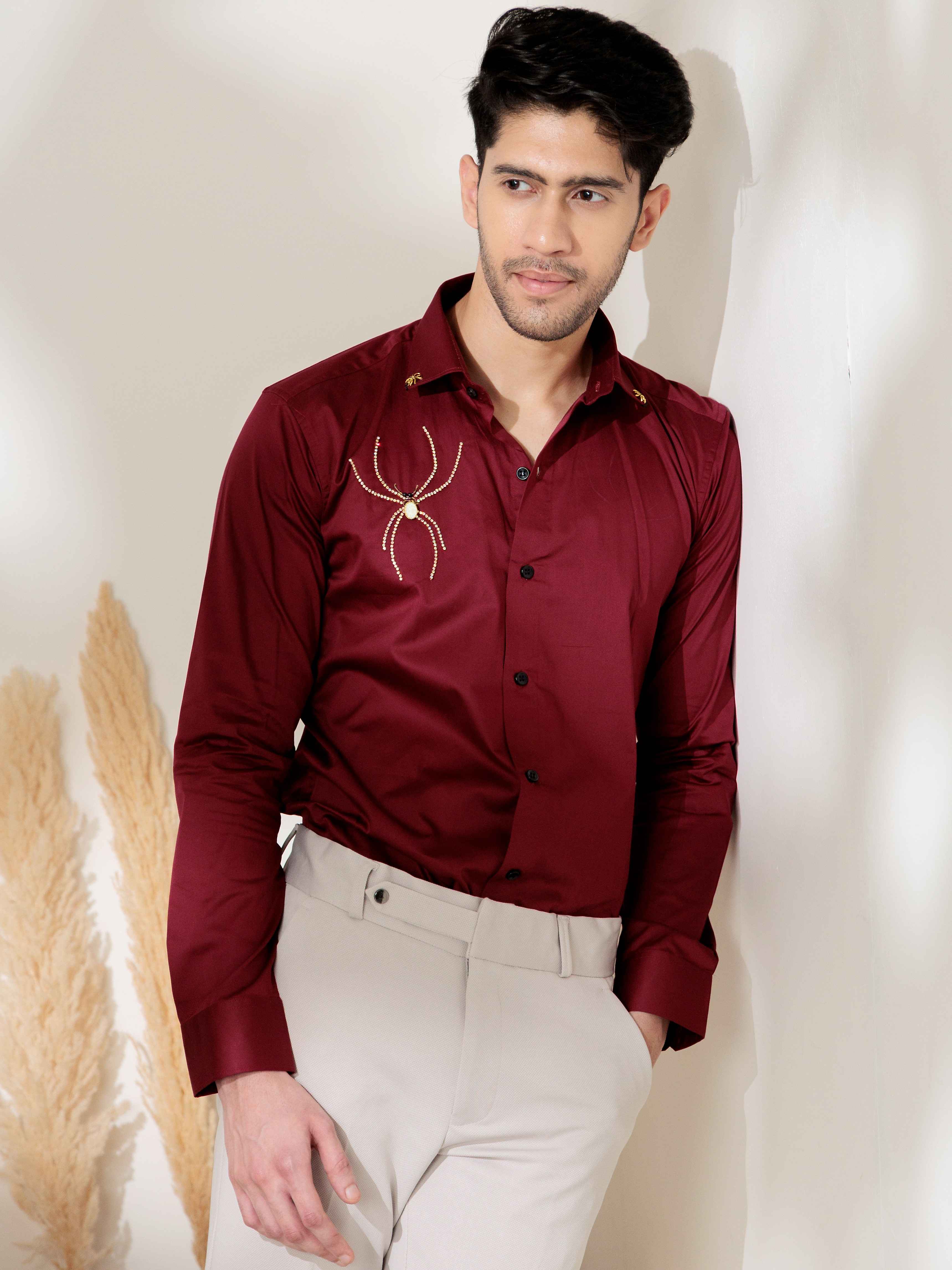FOOMER MAROON RHINESTONE HAND WORK SATIN COTTON PREMIUM SHIRT FOR MEN