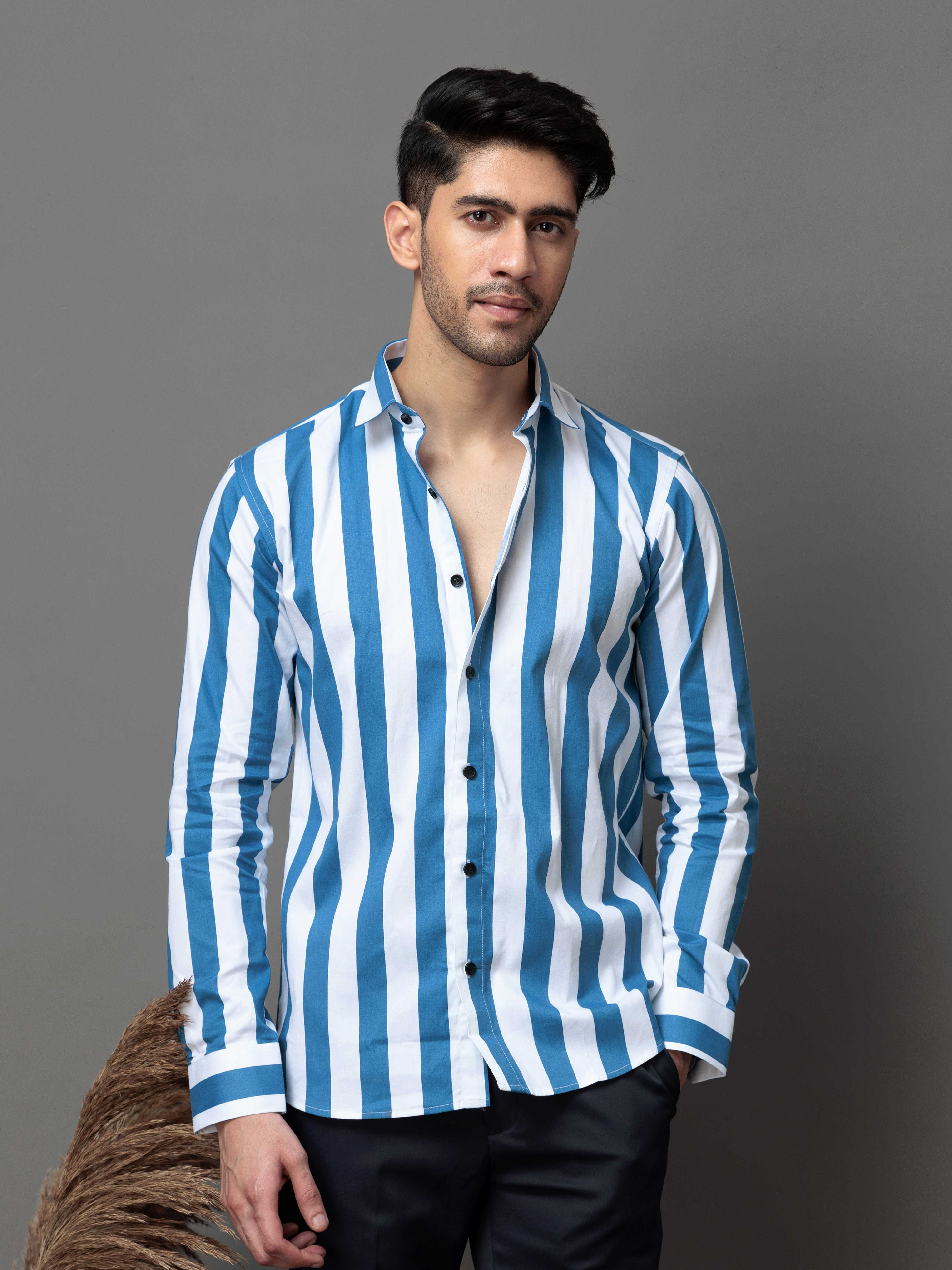 BLUE STRIPED PRINTED COTTON CASUAL SHIRT FOR MEN'S