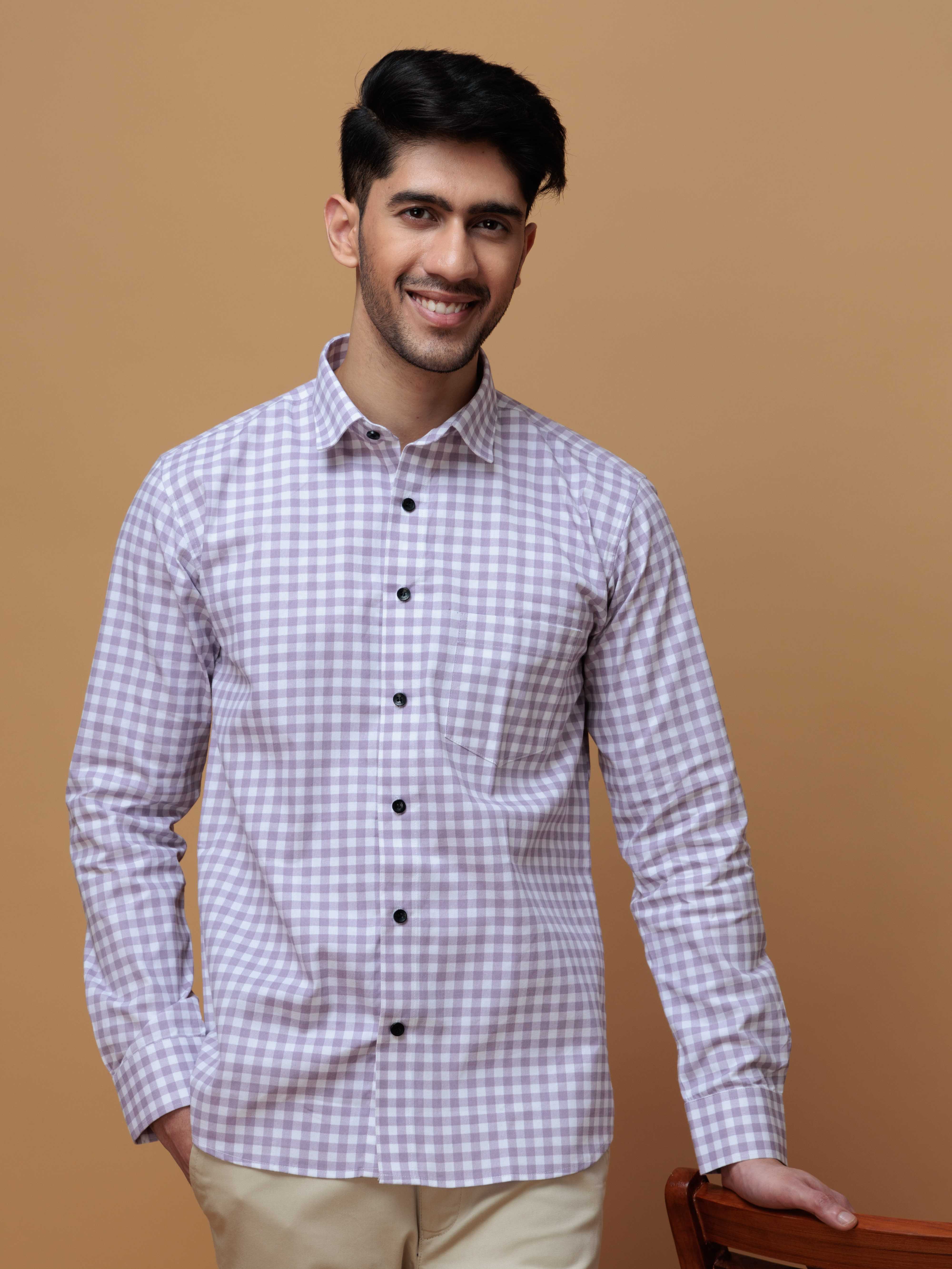 PURPLE CHECKERED PRINTED COTTON CASUAL SHIRT FOR MEN'S