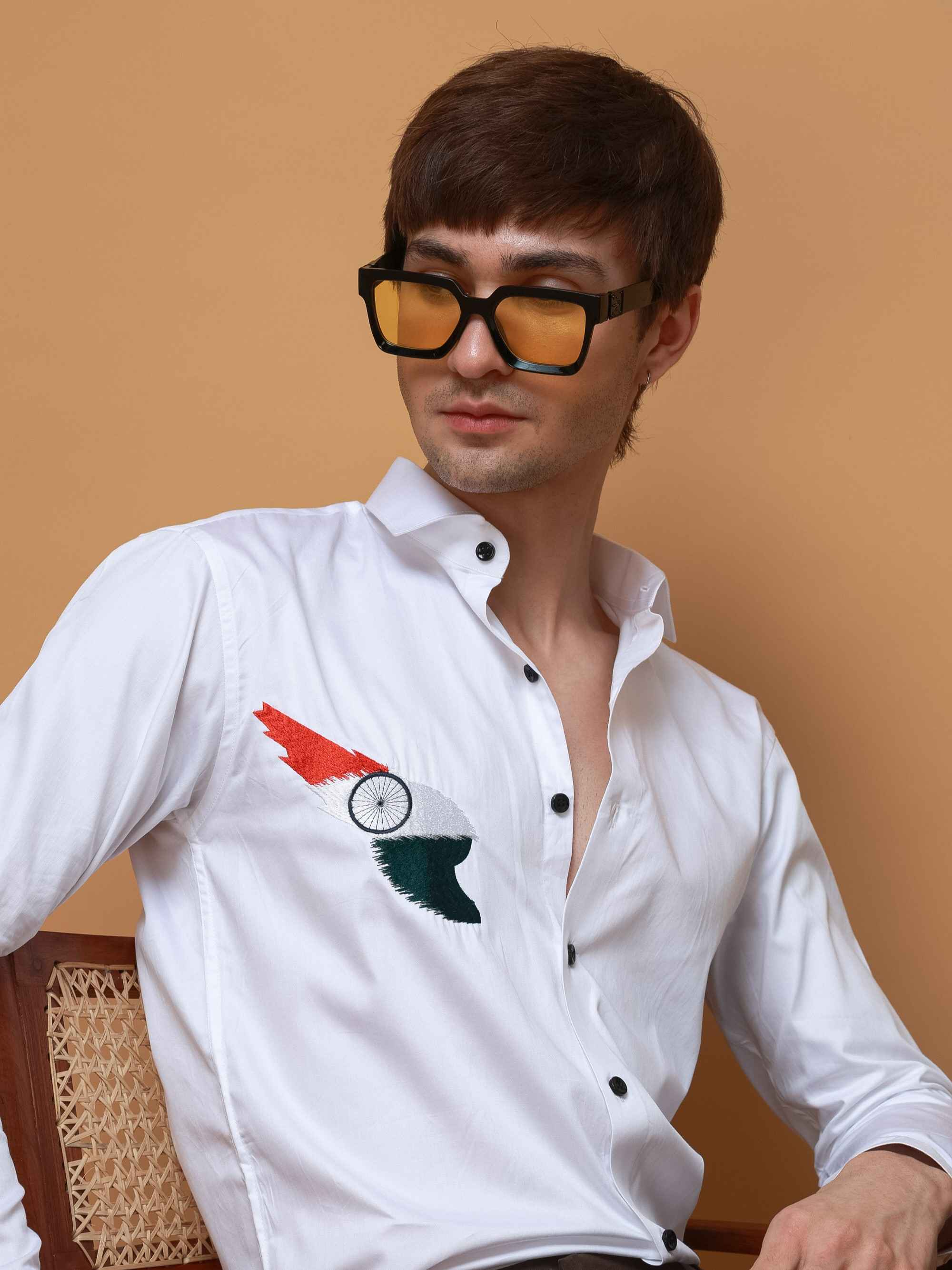 WHITE TIRANGA EMBROIDERED DESIGNER SATIN COTTON SHIRT FOR MEN'S