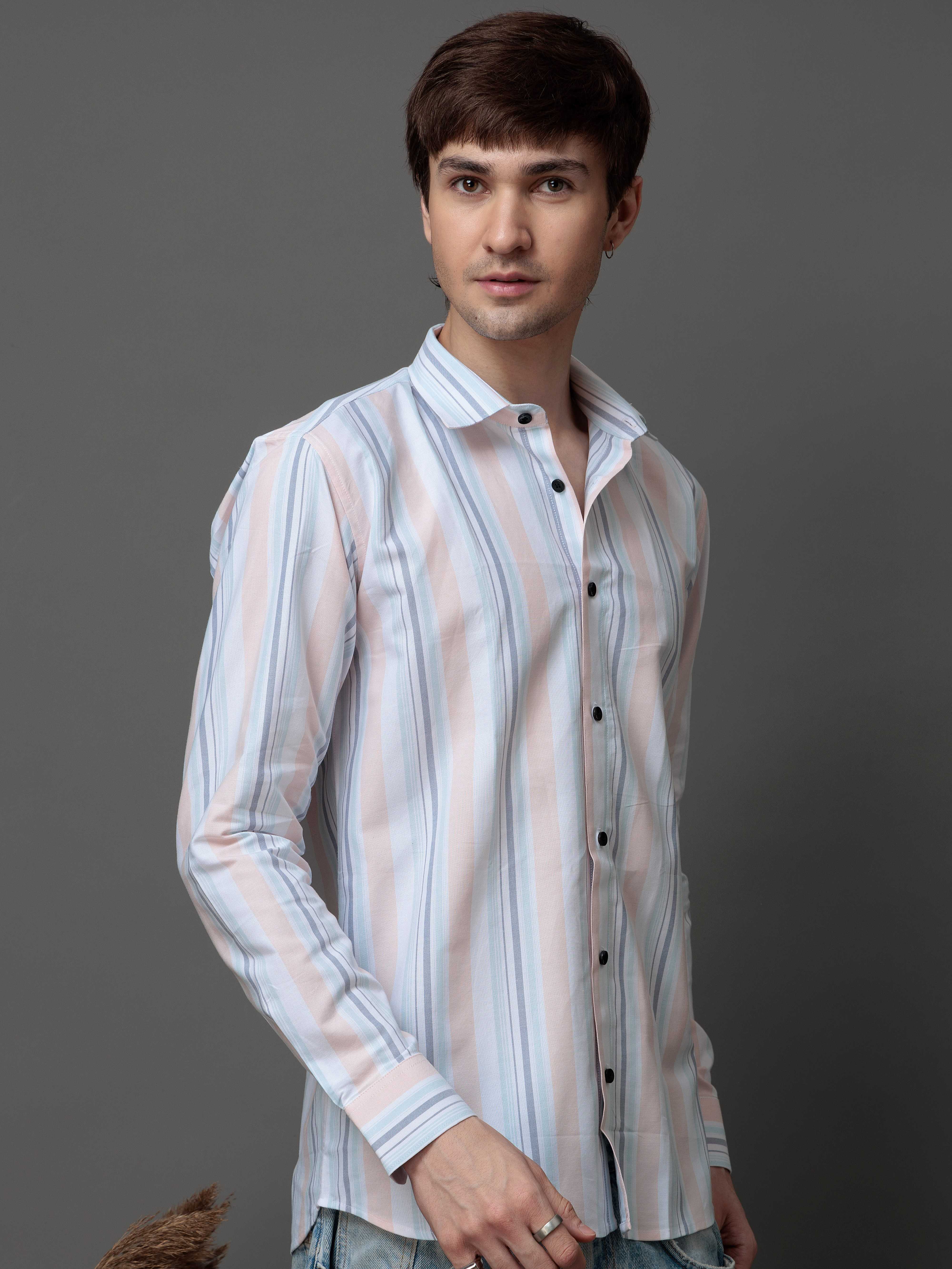 PEACH MULTI STRIPES COTTON REGULAR FIT MEN'S CASUAL SHIRT FOR MEN'S