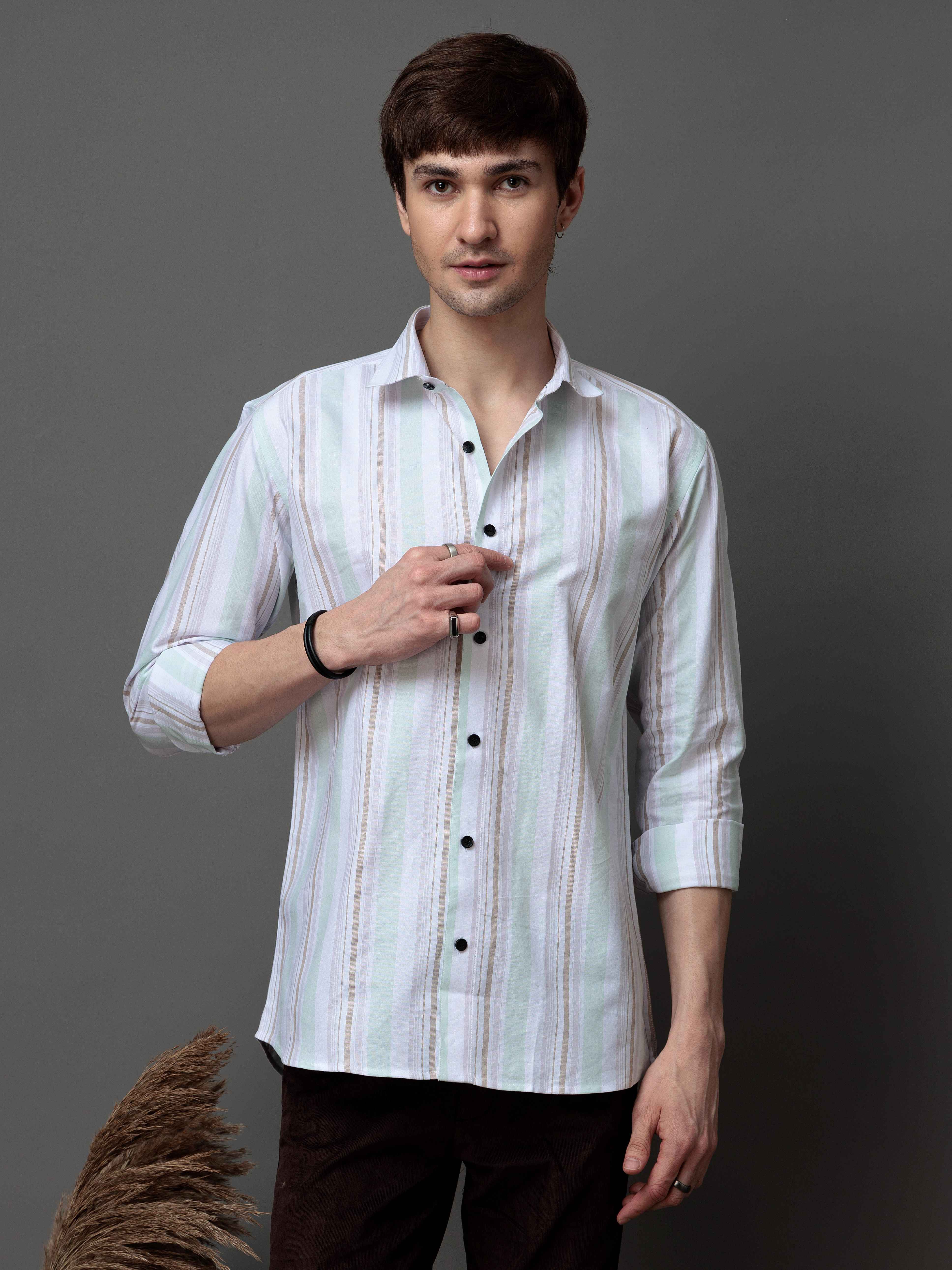 GREEN MULTI STRIPES COTTON REGULAR FIT MEN'S CASUAL SHIRT FOR MEN'S