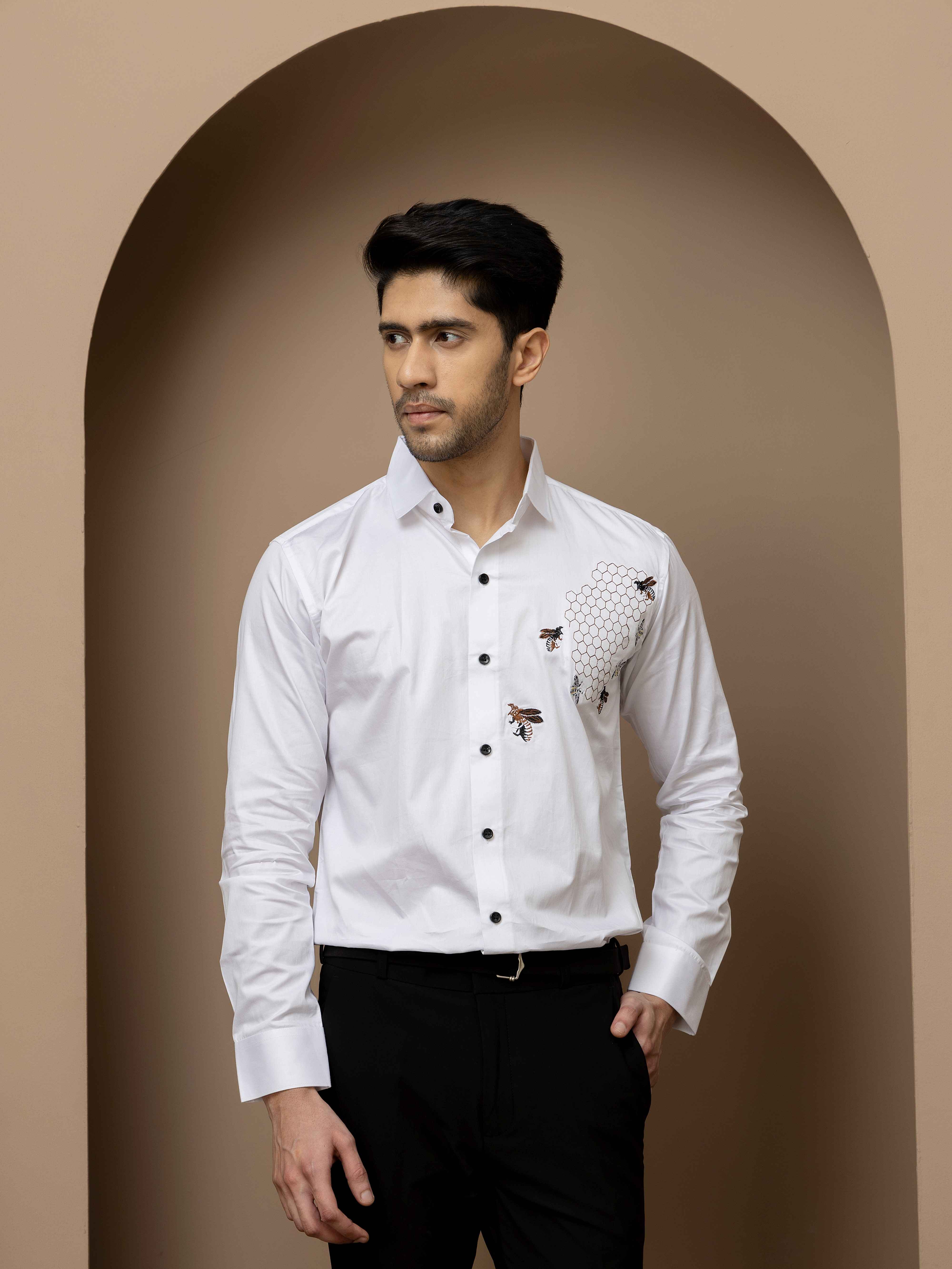 FOOMER WHITE HONEY BEES EMBROIDERED CLUB WEAR SATIN COTTON SHIRT