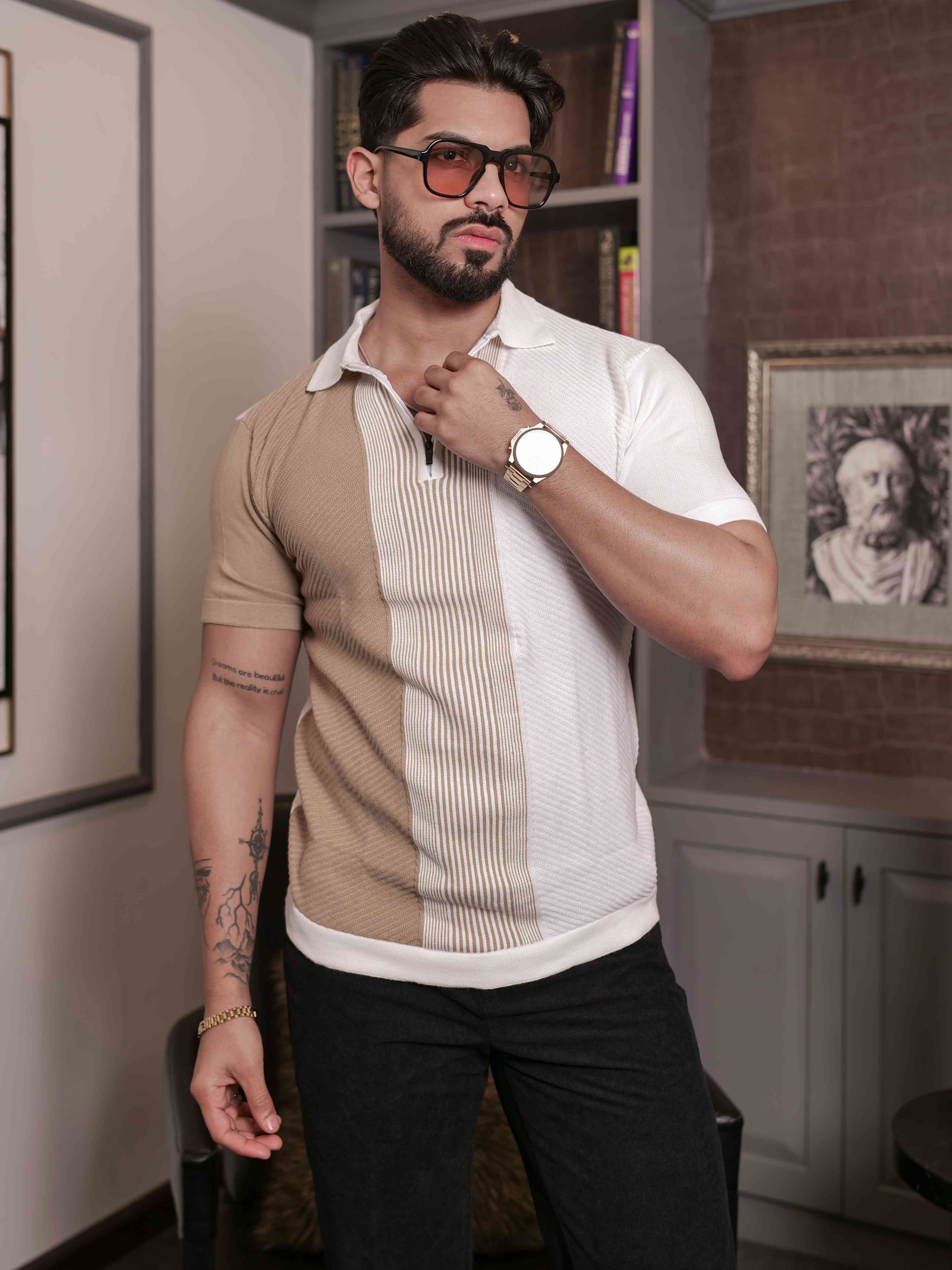 FOOMER CREAM AND WHITE HALF SLEEVE KNITED TSHIRT FOR MEN'S