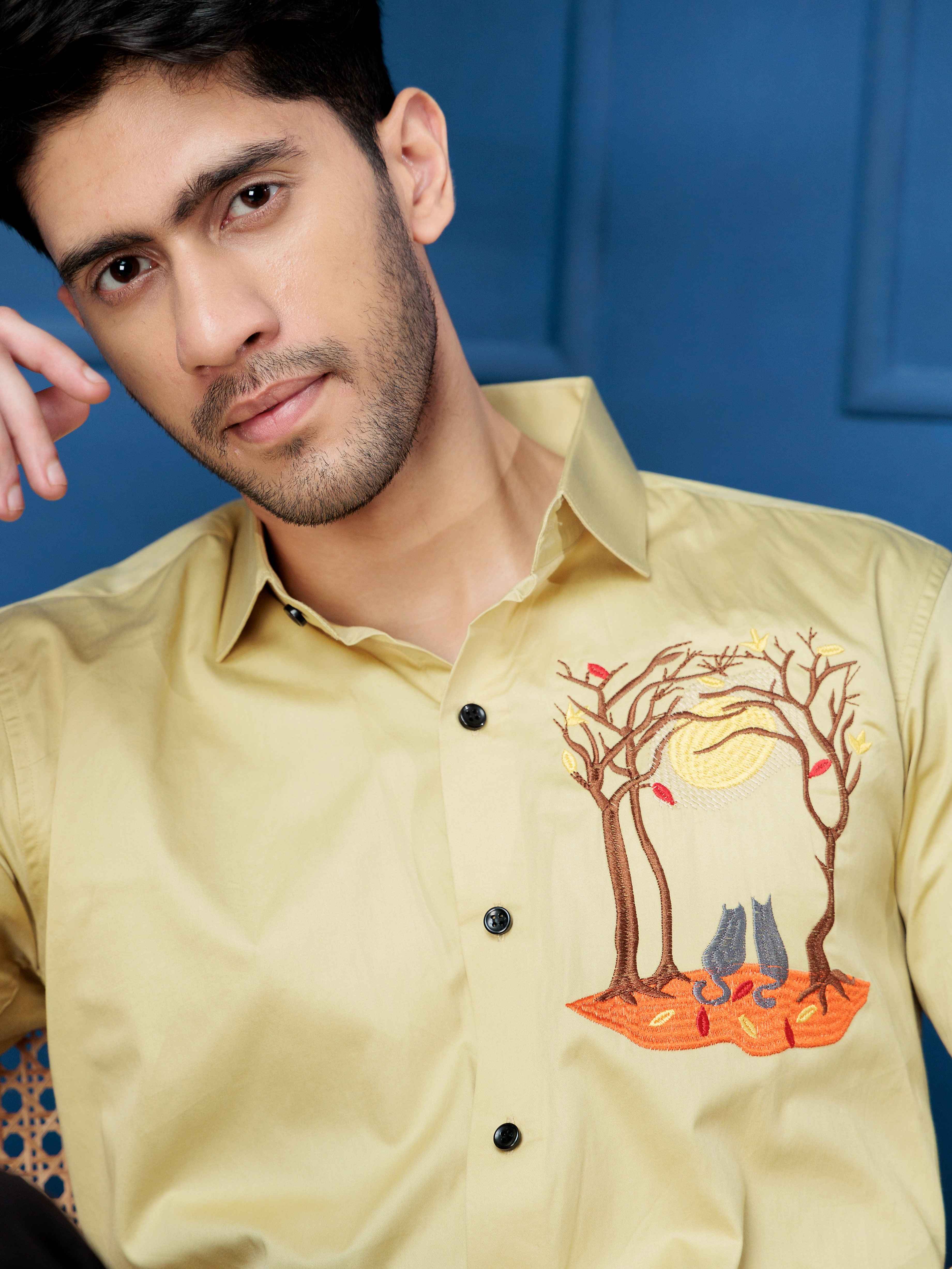 FOOMER COUPLE CAT EMBROIDERED CLUB WEAR SATIN COTTON SHIRT FOR MEN