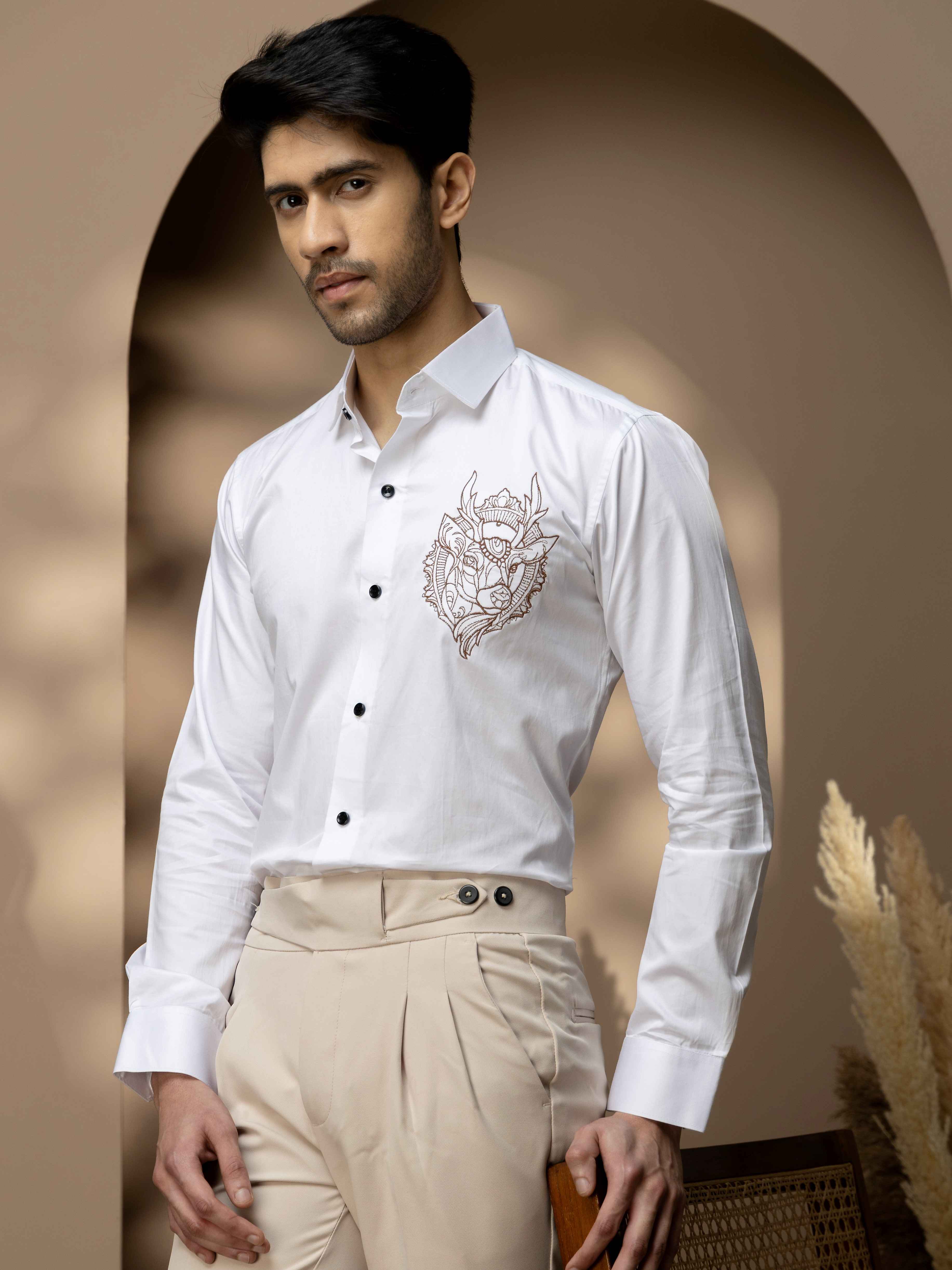 Foomer Moose White Embroidered Club Wear Satin Cotton Shirt