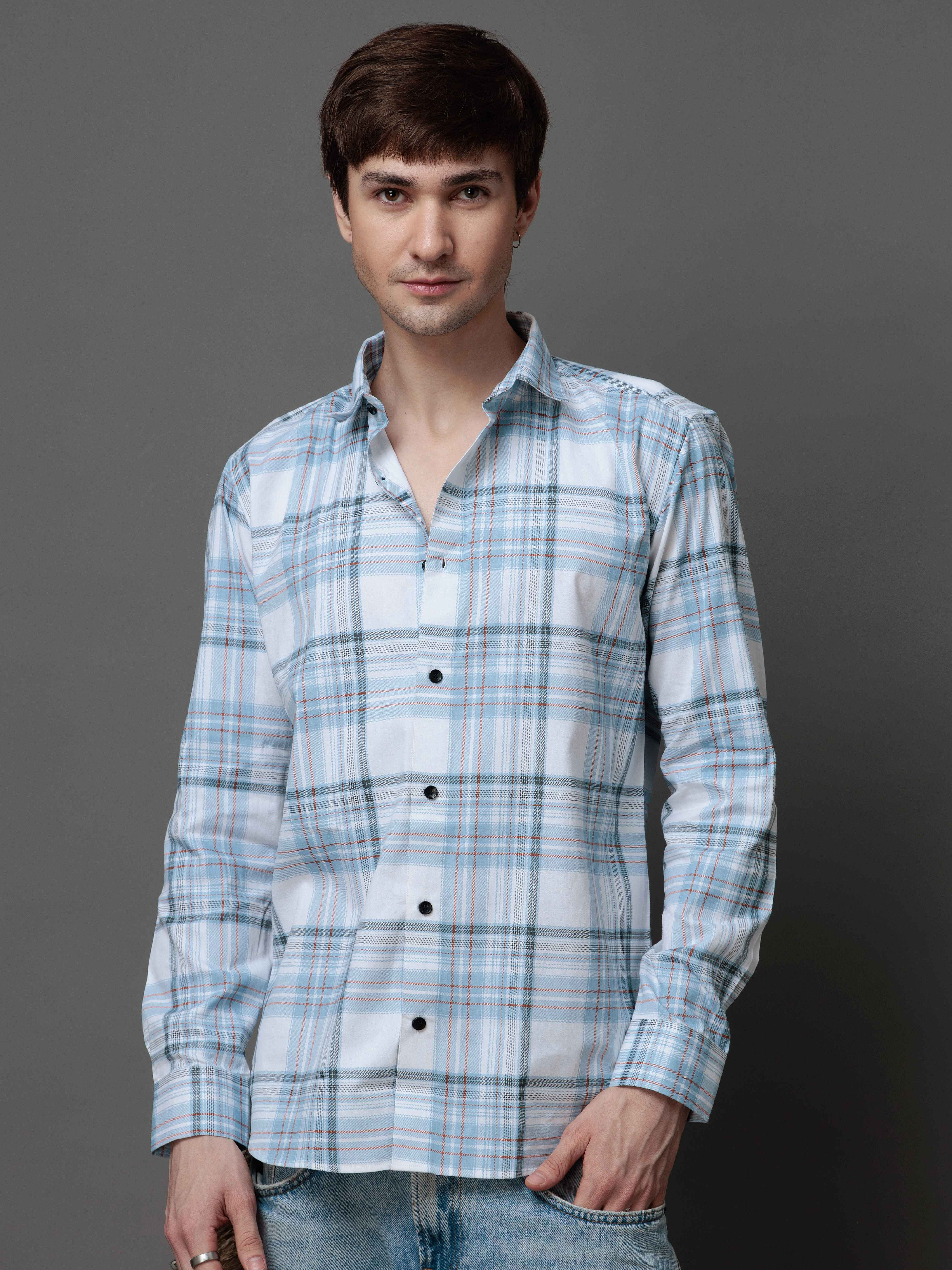 BOX SKY CHECKED COTTON CASUAL SHIRT FOR MEN'S