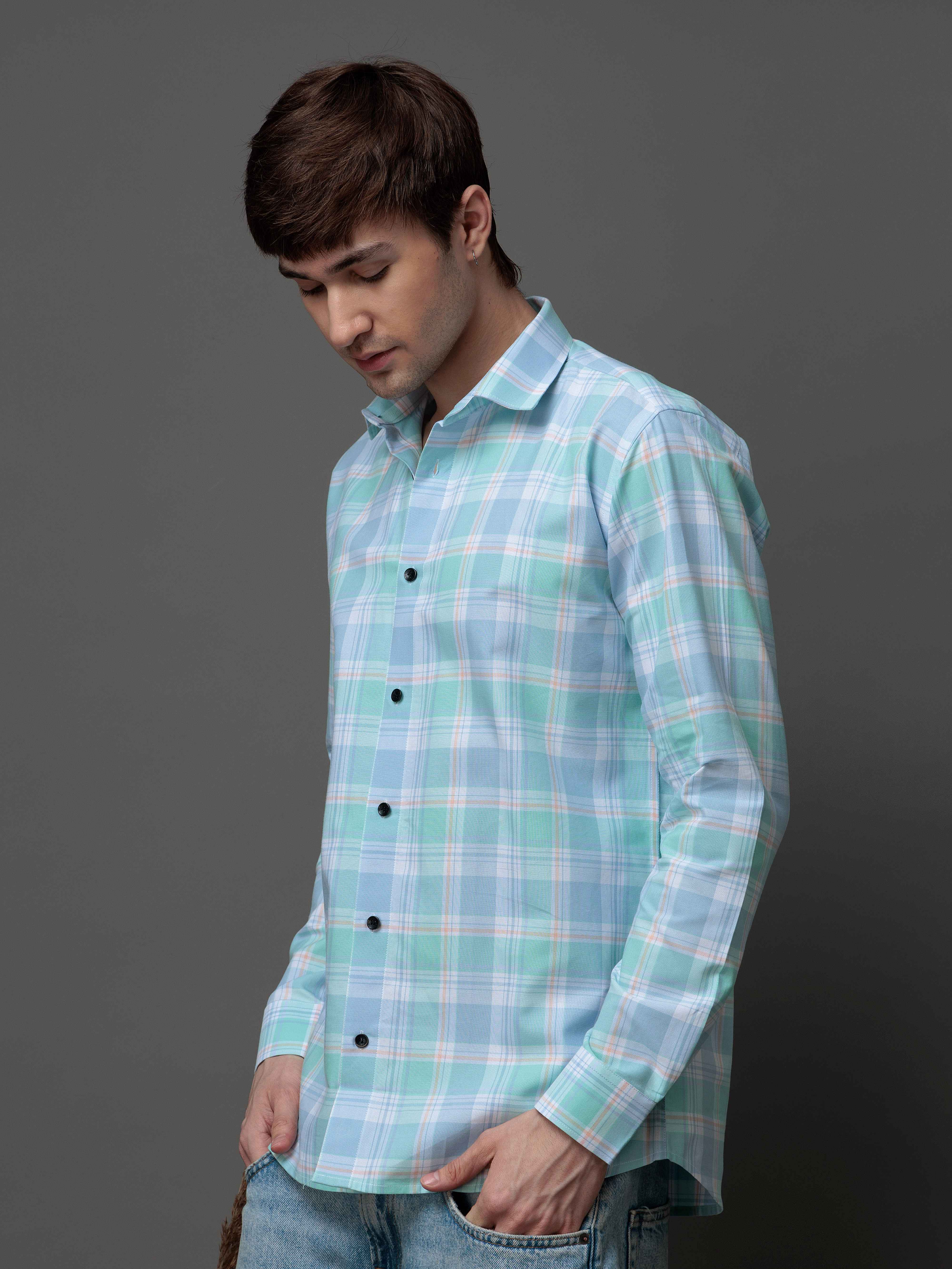 BOX CYAN CHECKED COTTON CASUAL SHIRT FOR MEN'S