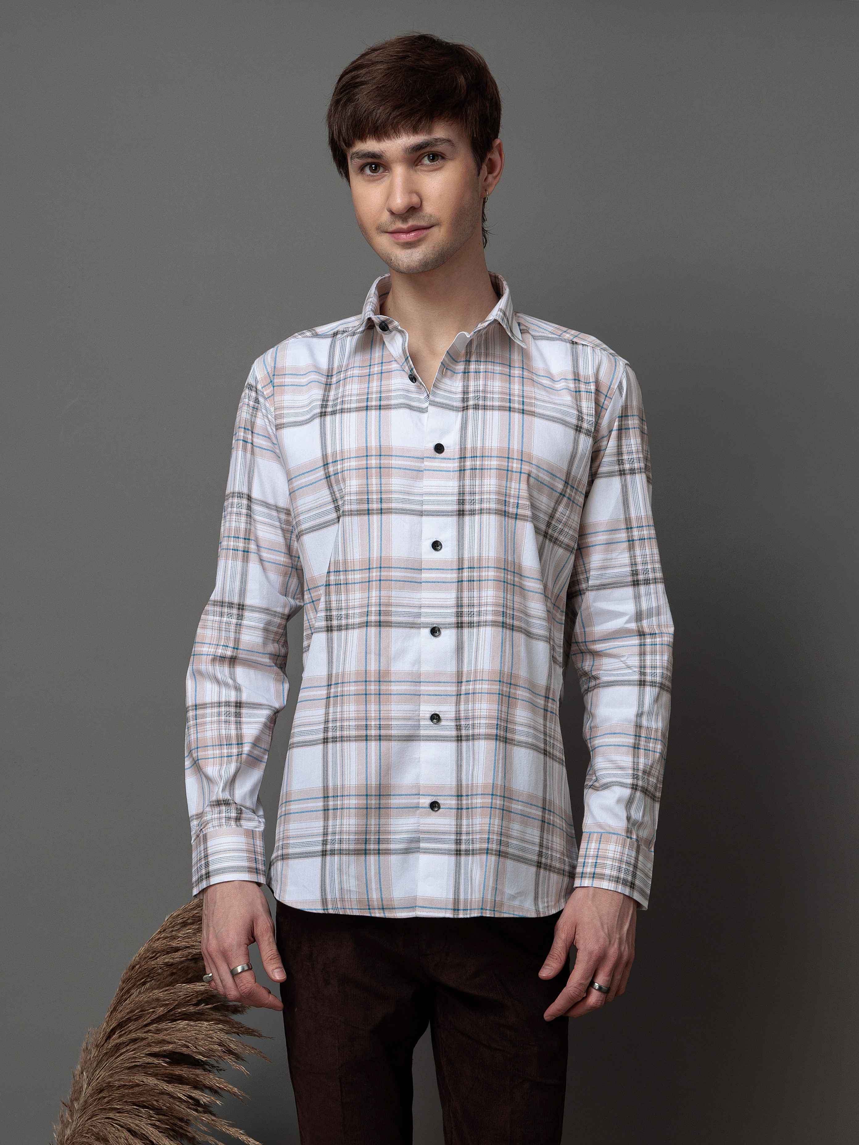 BOX BROWN CHECKED COTTON CASUAL SHIRT FOR MEN'S