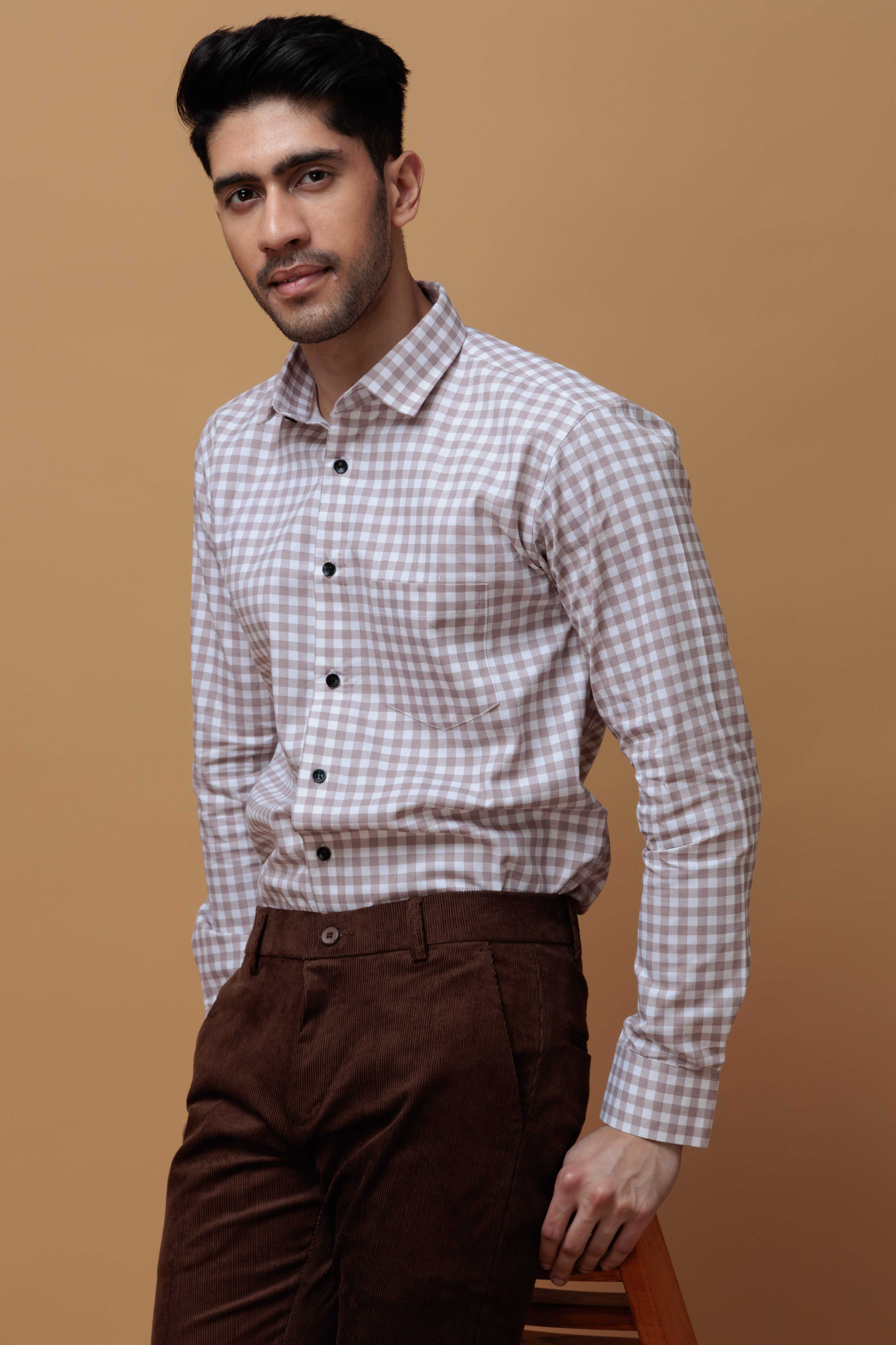 BROWN CHECKERD PRINTED COTTON CASUAL SHIRT FOR MEN'S