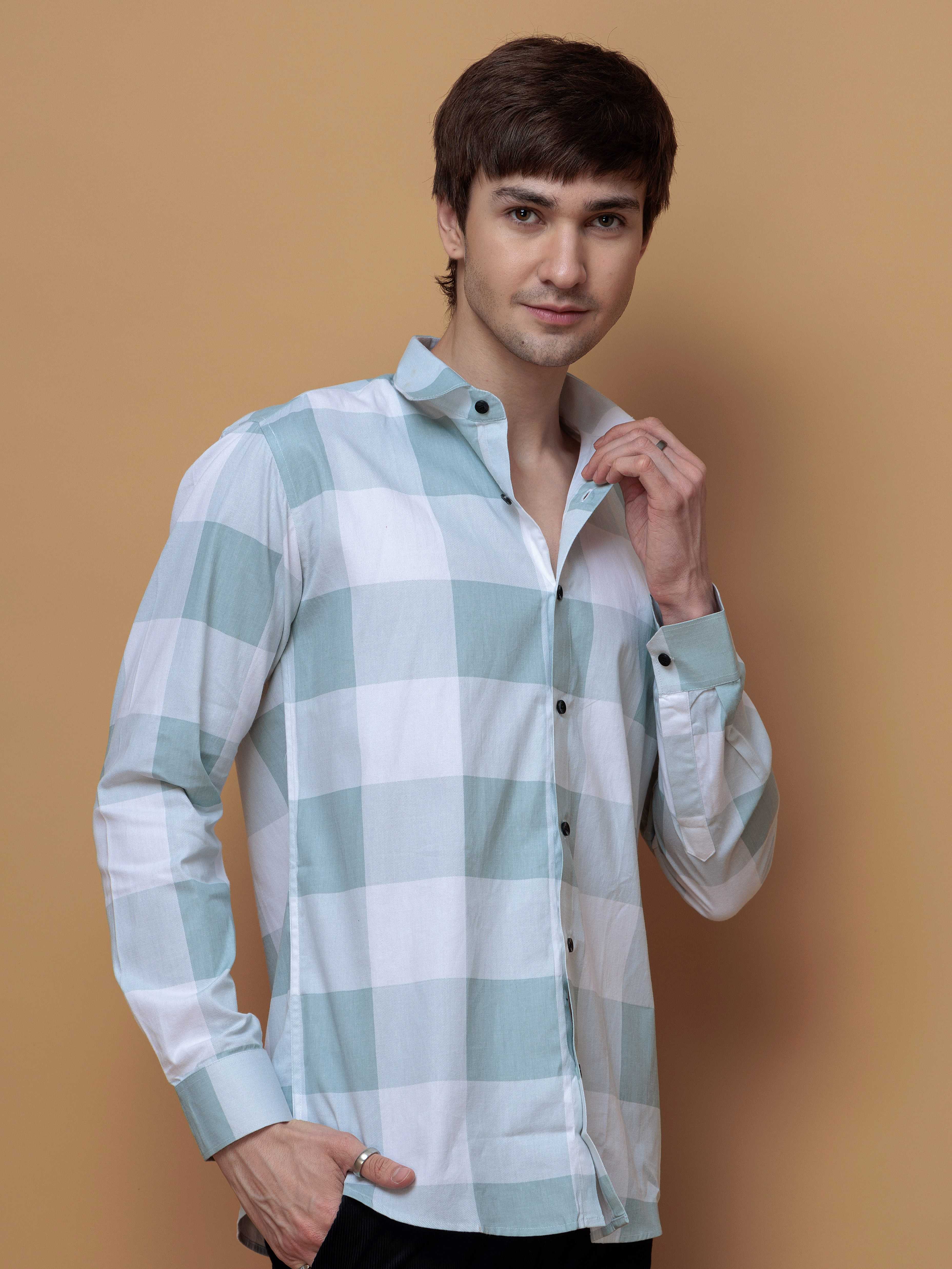 FOOMER GREEN CHECKS COTTON CASUAL SHIRT FOR MEN'S