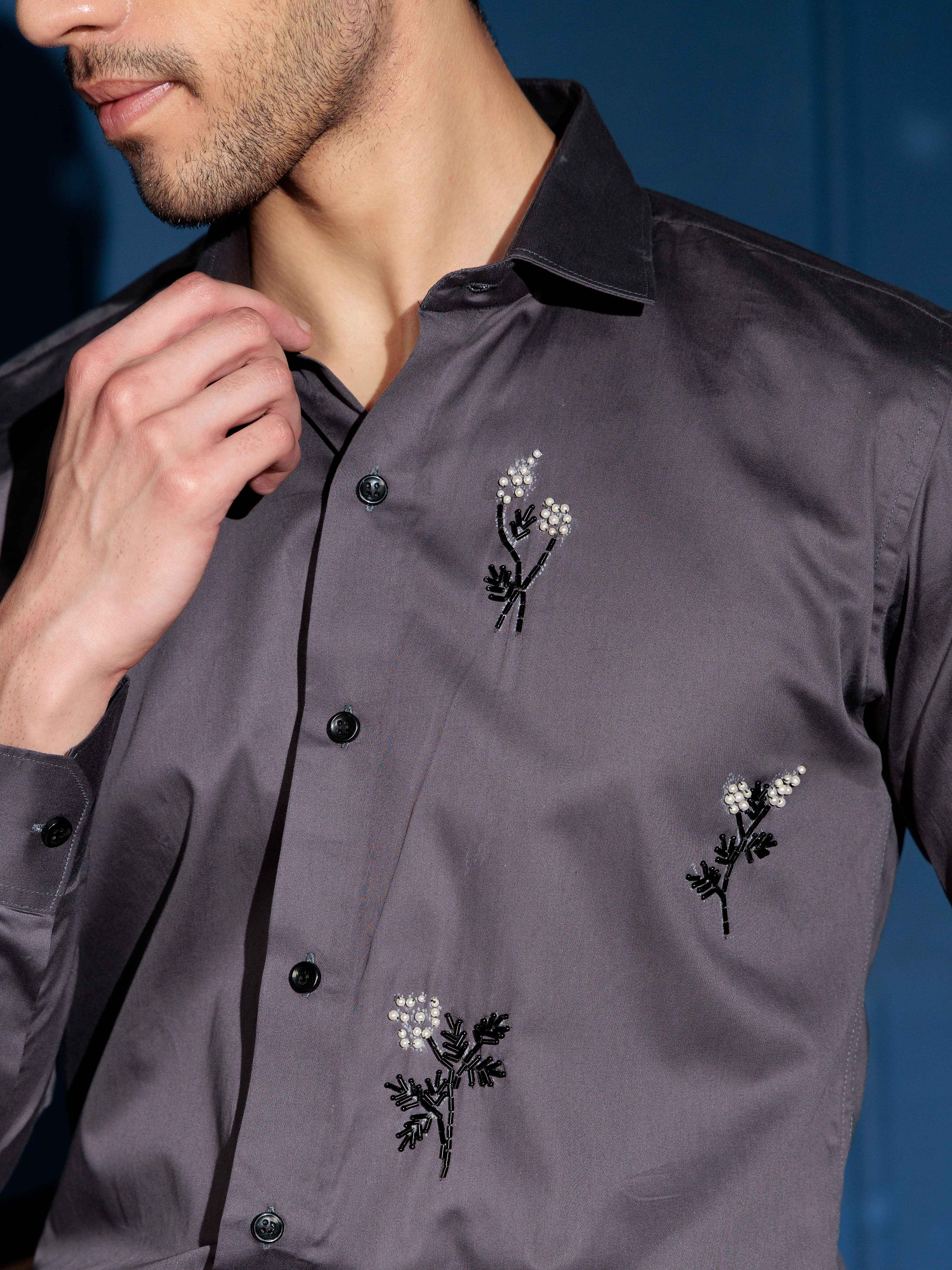 FOOMER FLORAL HD RHINESTONE HAND WORK SATIN COTTON SHIRT